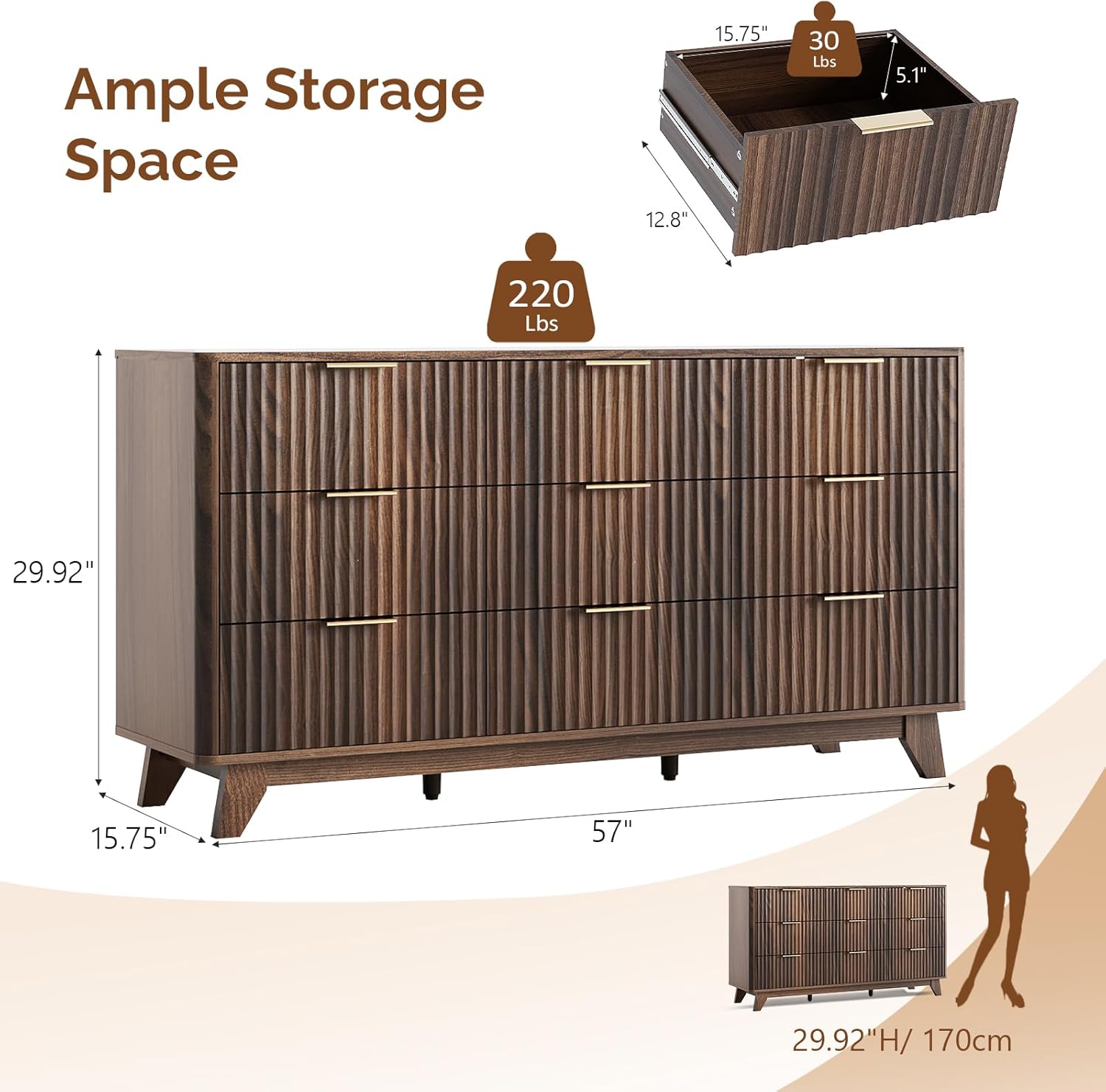 Bonnlo Fluted Dressers Chest of Drawers,57" Fluted Wide Modern Dresser with Metal Handle, Curved Profile Design, Wood Drawer Organizer for Bedroom, Walnut
