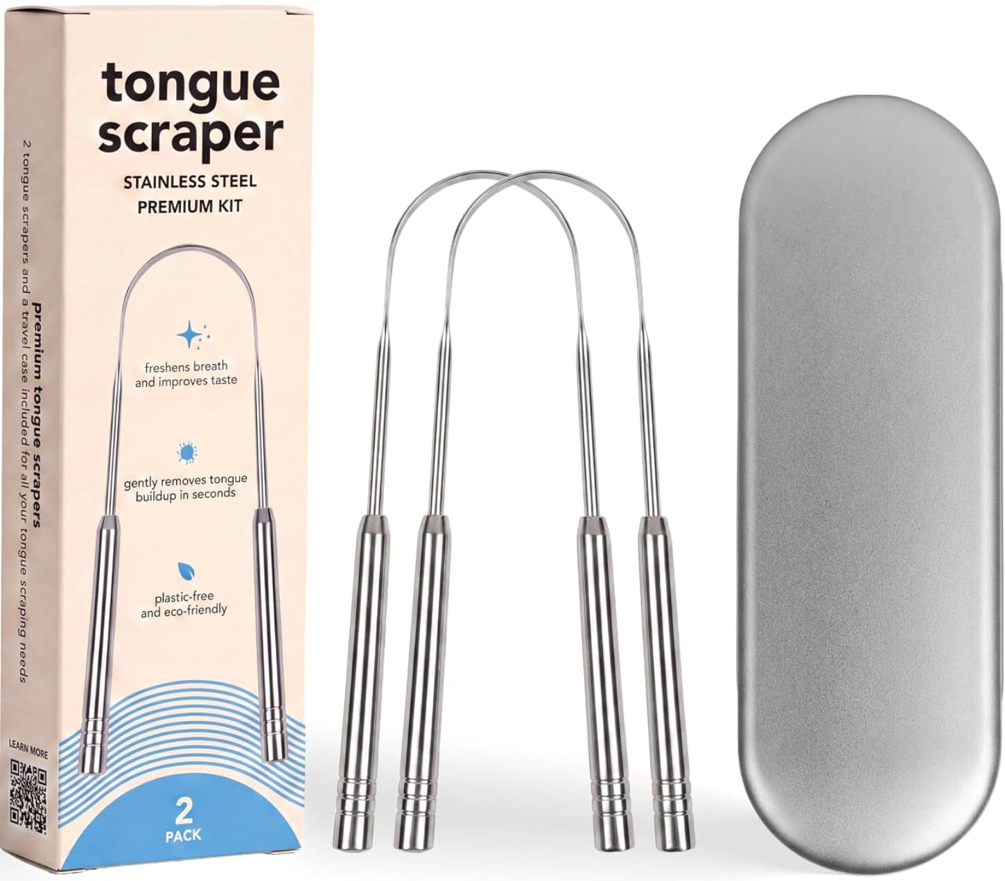 Tonsil Tech Metal Tongue Scraper for Adults, 2 Pack with Metal Travel Case