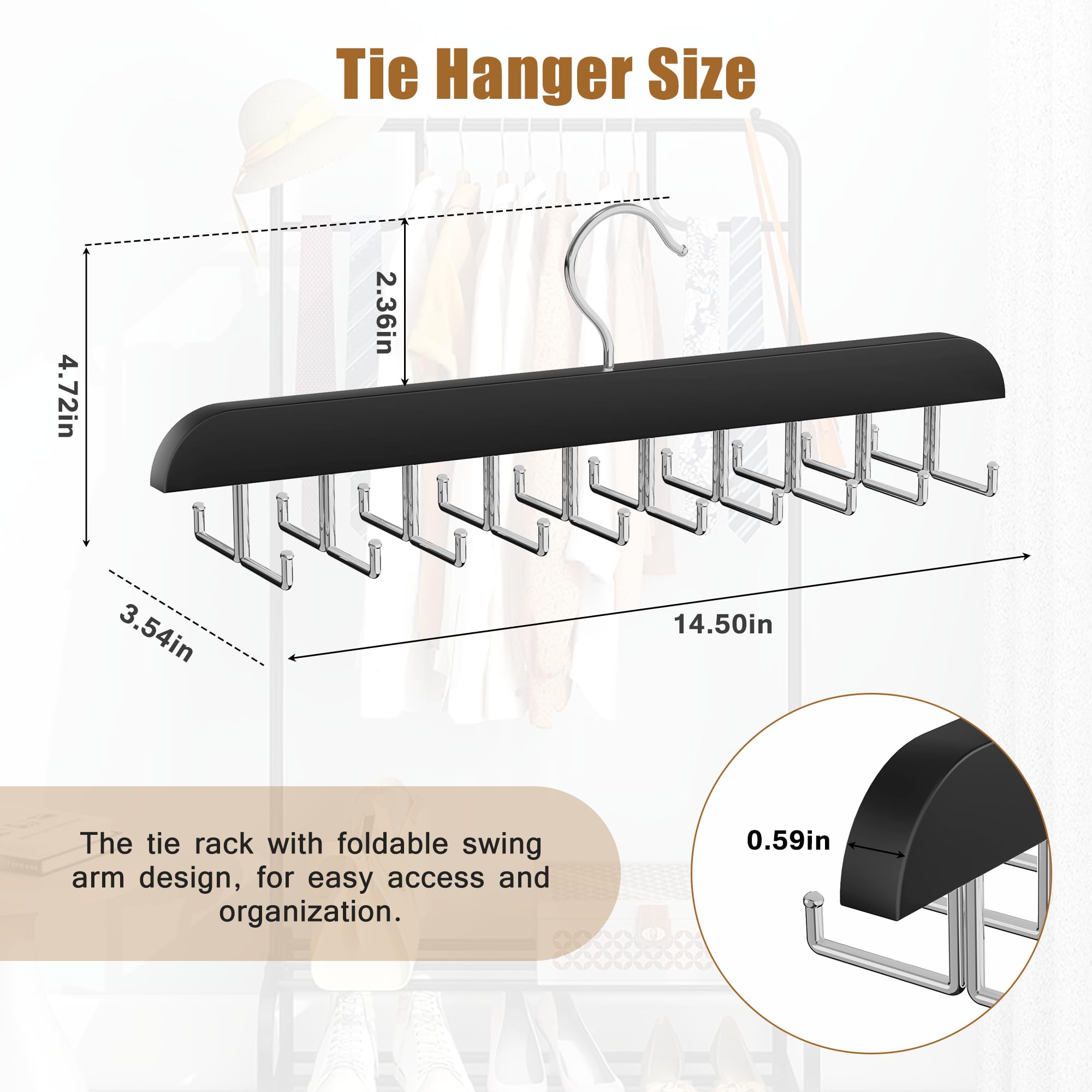 Percha para corbatas para armario, 2 en 1 con 20 ganchos plegables, organizador de corbata de madera giratorio de 360 grados para hombres, corbatas, cinturones, bufandas, camisetas sin mangas