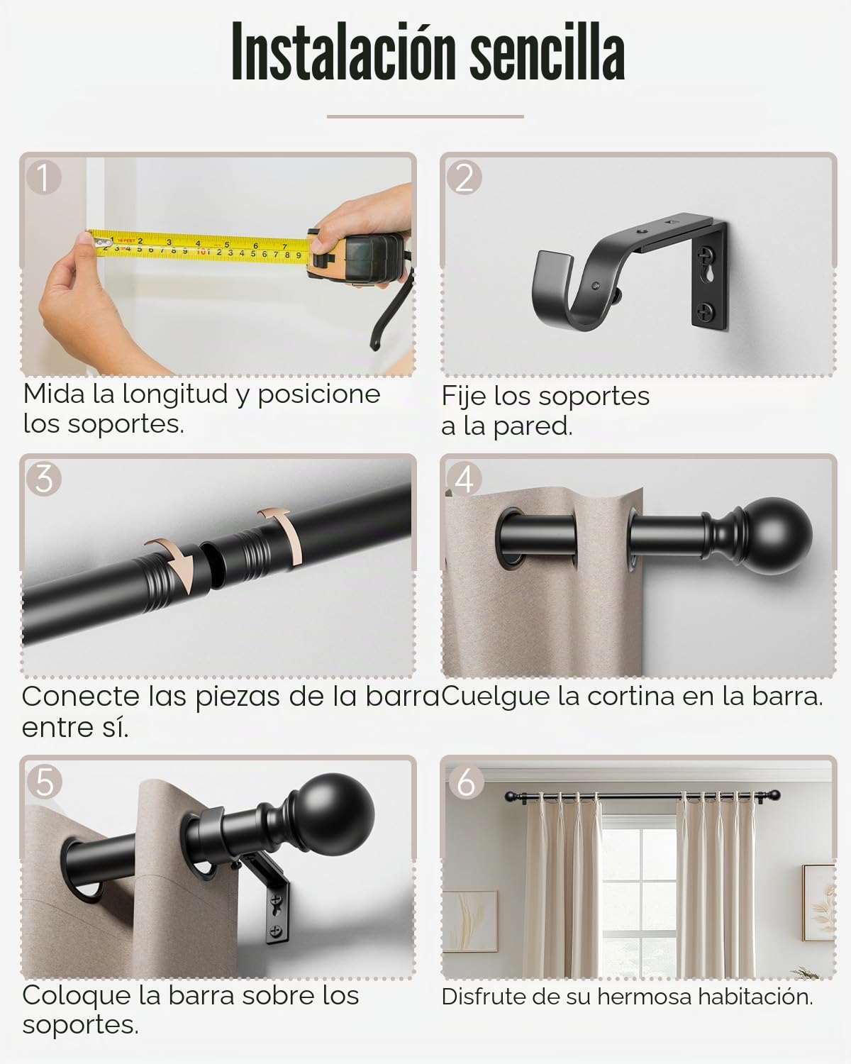 Barra de cortina negra, diámetro de 25 mm, 80-305 cm, barra de cortina de metal con cabezal redondo y 2 soportes para dormitorio, sala de estar, cocina