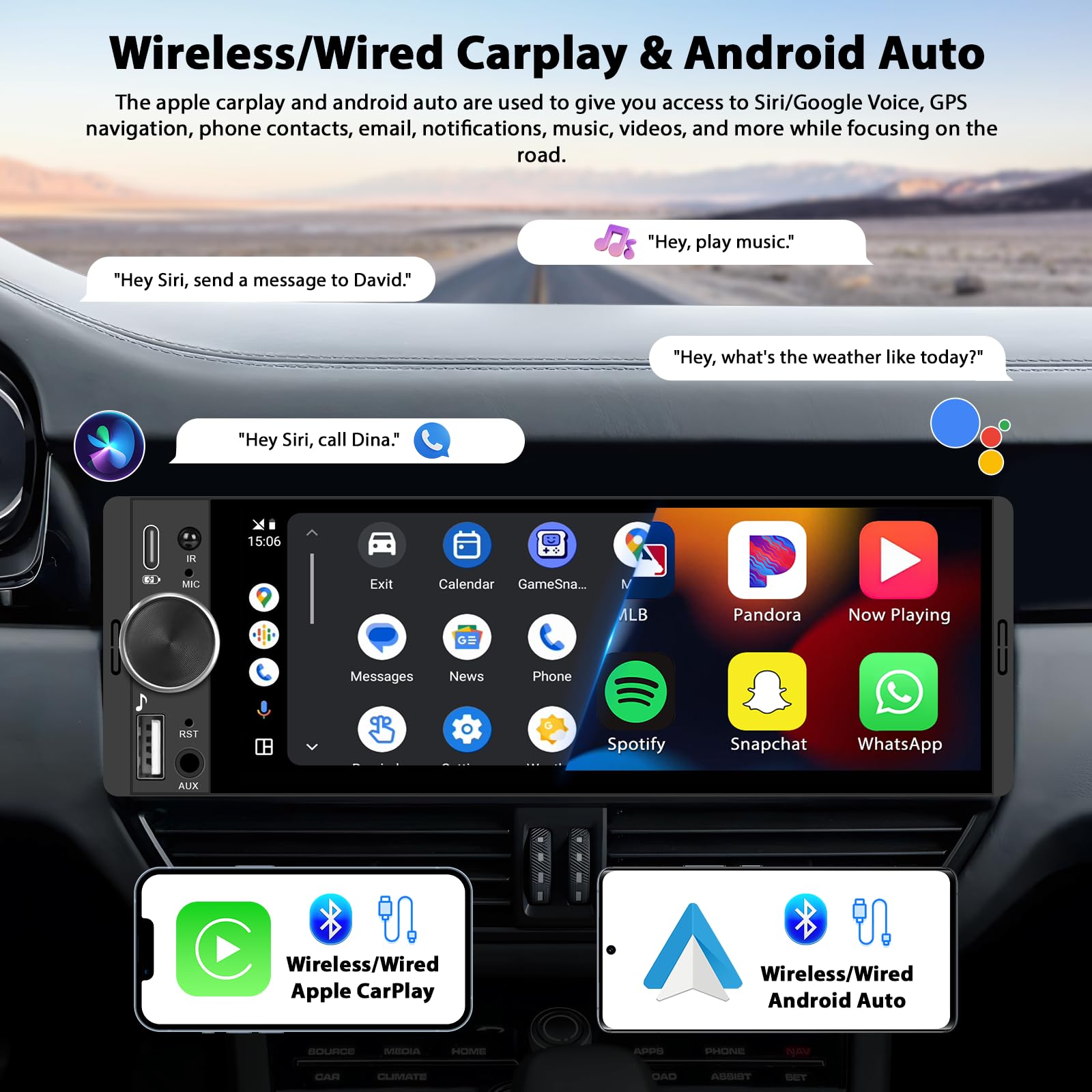 Inefala Autoradio CarPlay 1 DIN avec Wireless Carplay et Android Auto sans Fil, Radio avec écran 6,28 Pouces avec Bluetooth, Mirror Link, Compatible FM/RDS, EQ, USB, Type C, Recharge USB, AUX