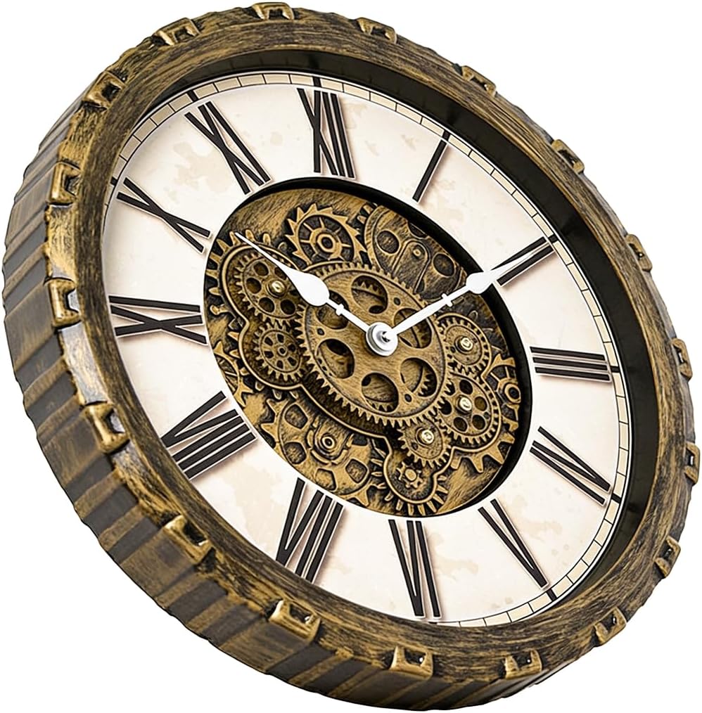 15 Inch Wall Clock with Real Moving Gears, Industrial Steampunk Vintage Wall Decor, Antique Metal Big Numeral Wall Clocks for Office Kitchen Study Room Living Room (Bronze)