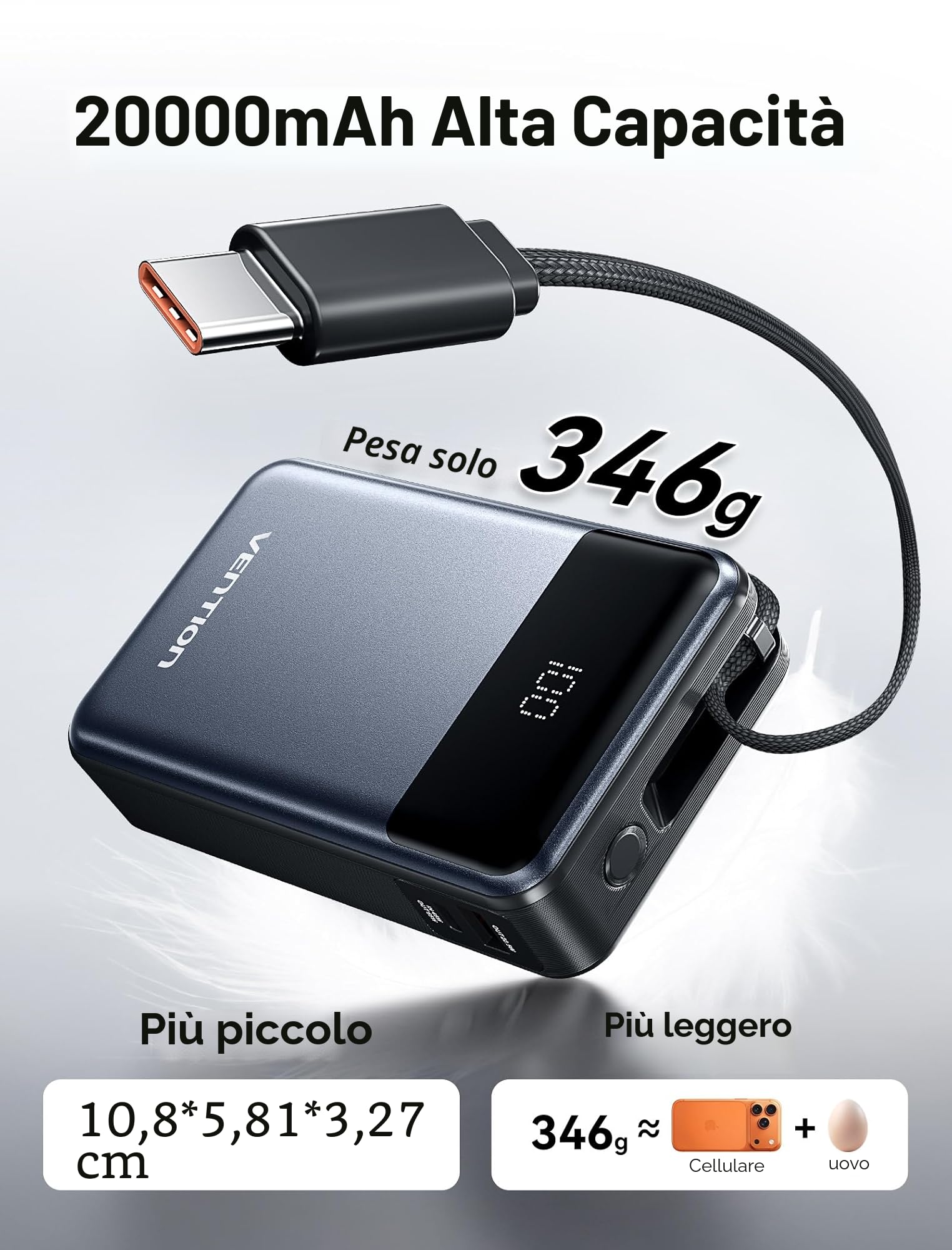 VENTION Power Bank, 20000mAh 65W Caricatore Portatile, USB C Input & Output, Powerbank Caricatore Laptop, para MacBook, Steam Deck, Rog Ally, Dell, HP, iPhone 16/15/14, Galaxy S24/S25, iPad etc
