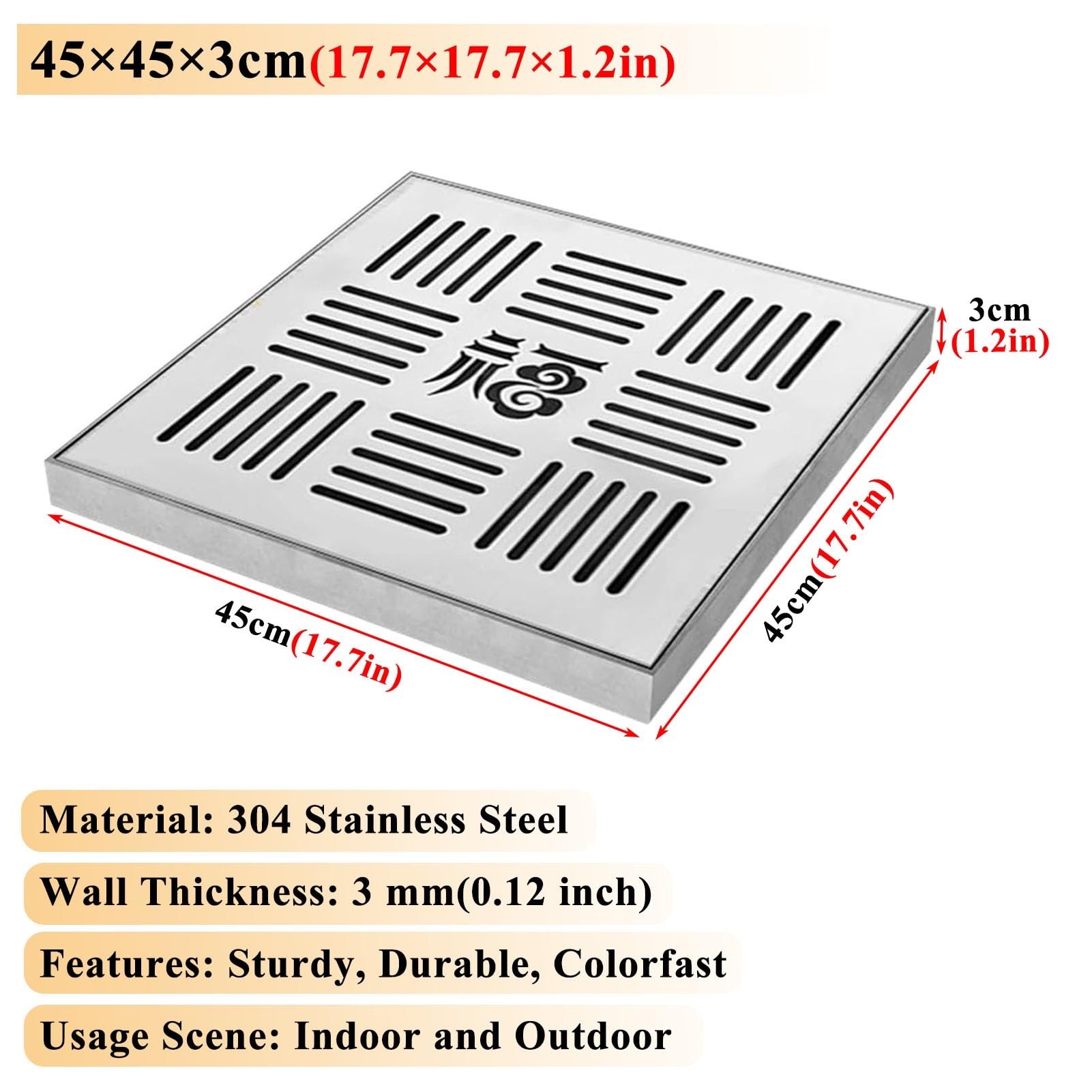 Caniveau Exterieur Grille de Drainage Carrée pour L'extérieur et L'intérieur. Grille de Drainage en Acier Inoxydable 304 pour Douche, Cuisine, Jardin(45x45x3cm(17.7x17.7x1.2in))