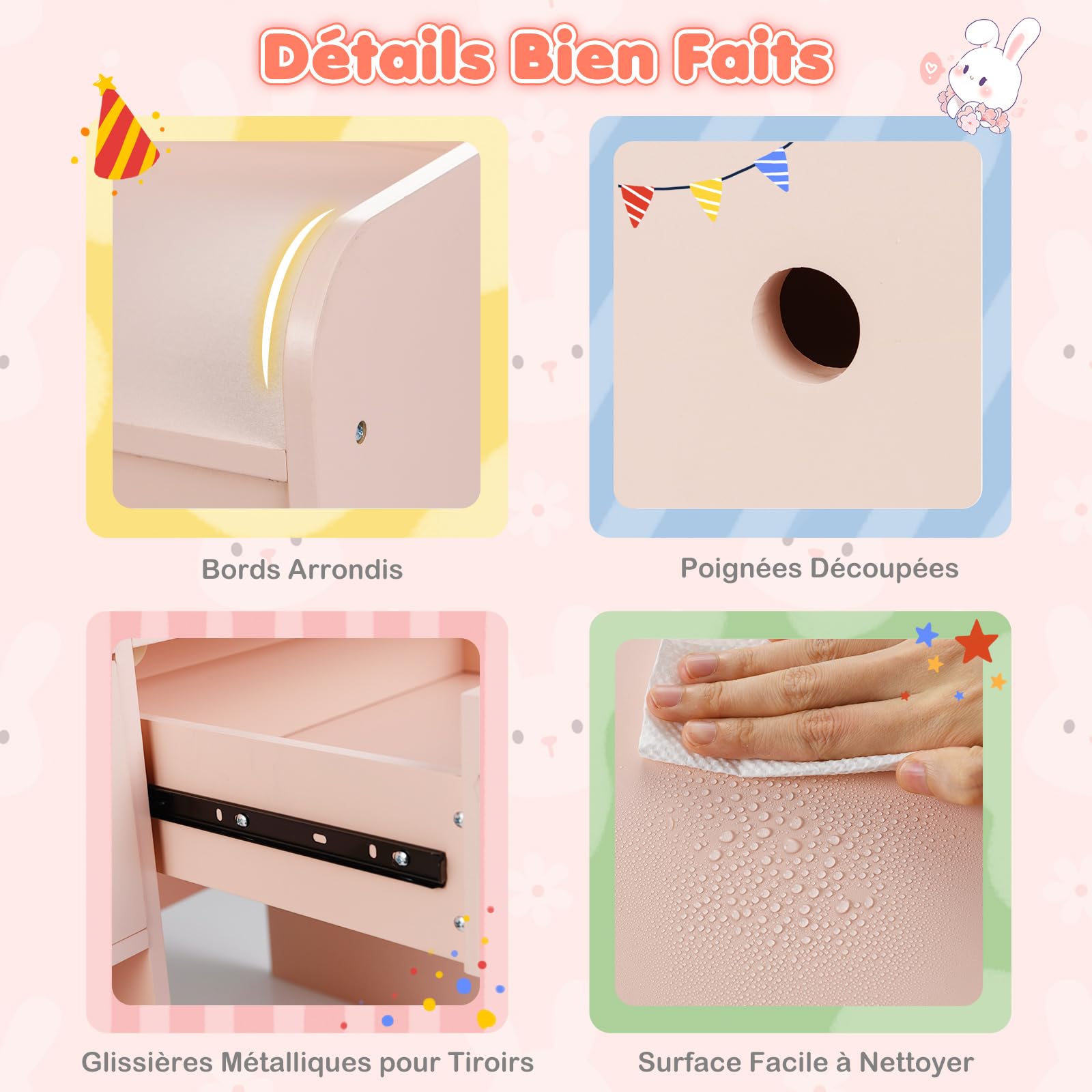 COSTWAY Coiffeuse Enfant Fille avec Chaise et Miroir Lumineux, Bureau Enfant en Forme de Lapin avec Étagères Ouvertes et Tiroirs de Rangement, pour Chambre d'enfant, Salle de Jeux, 3+ Ans (Rose)