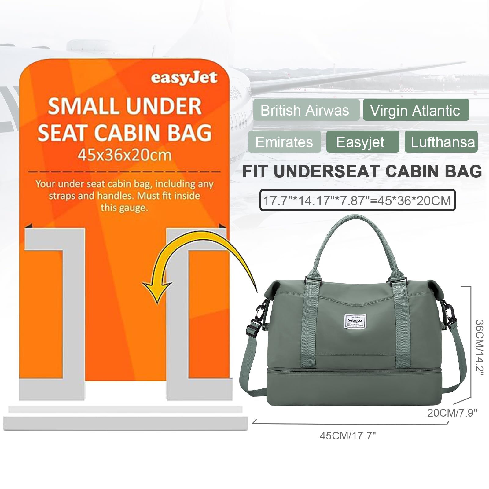 Borsone da Viaggio Donna, 45x36x20 Easyjet Bagaglio a Mano Borsa da Viaggio con Scomparto per le Scarpe, Borsa Sportiva Borsone da Palestra Grande, Borsa da Weekend,E2-Verde militare