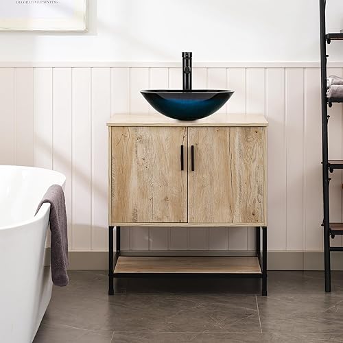 Miniatura 4 de UEV Juego de tocador de baño rústico de 30 pulgadas con fregadero, marco de hierro industrial con puertas y estante, con combinación artística de
