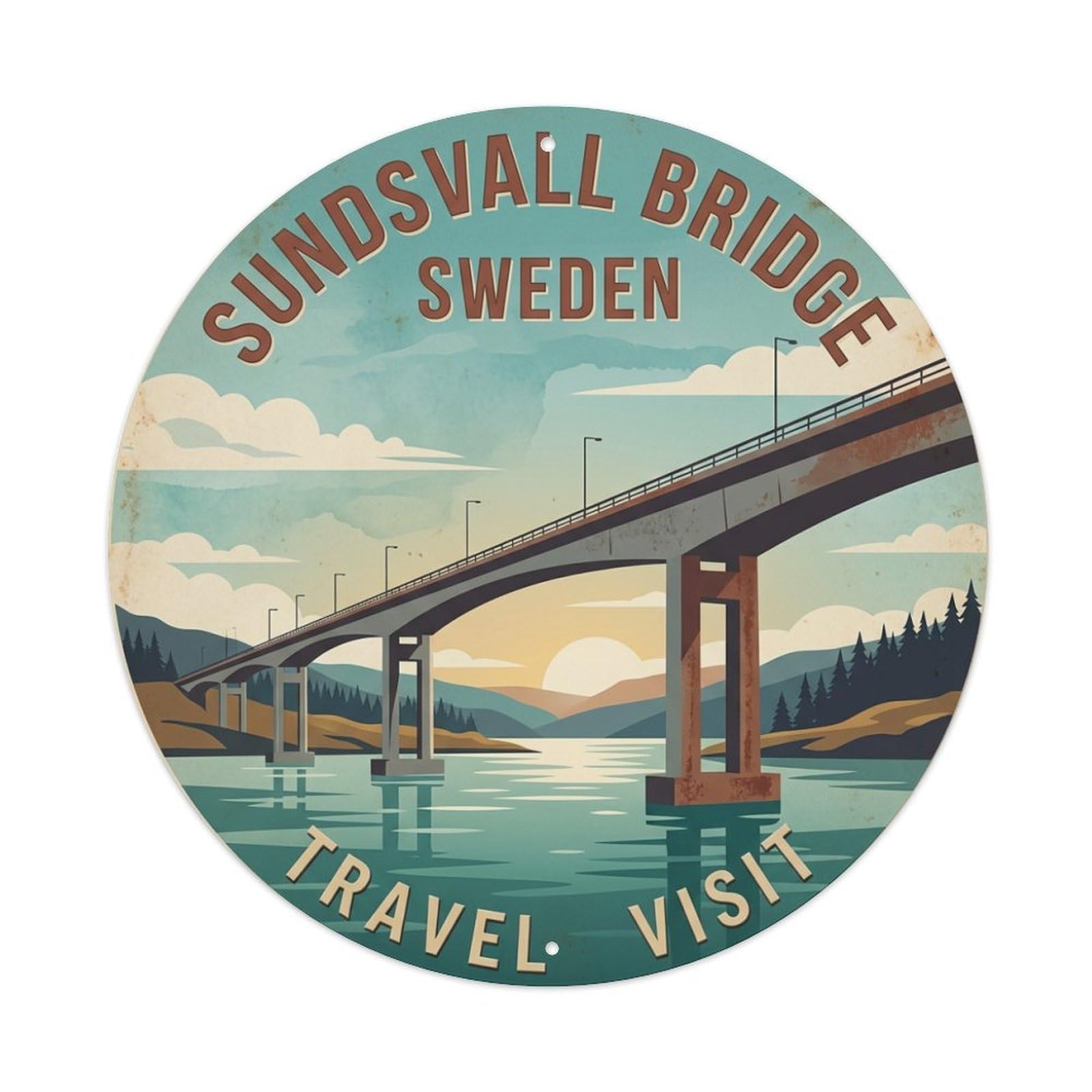 Vintage Travel Sundsvall Sweden Bridge Metal Tin Sign