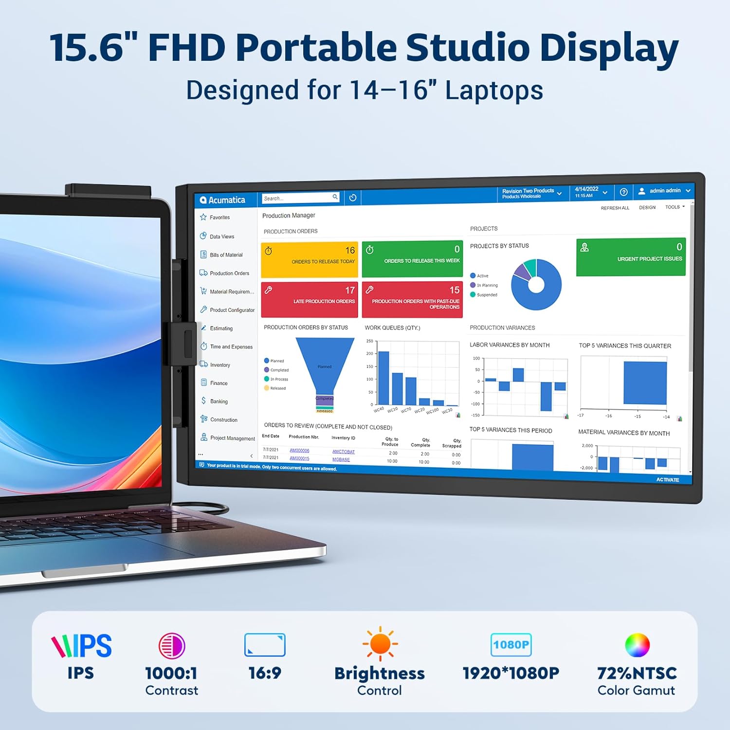 HONGO Portable Studio Display 15.6" FHD IPS 1080P Monitor — Laptop Screen Extender & Phone/Pad Mount for 14–16" Laptops, Turn Phone into Webcam + Keyboard Control (Third‑Party App Required)