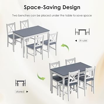 SogesPower Dining Table Set for 4, Wood Rectangular Kitchen Dining Table Set with 4 Chairs, 5-Piece Space-Saving Kitchen Table Set for Dining Room Small Space, Grey+White 43