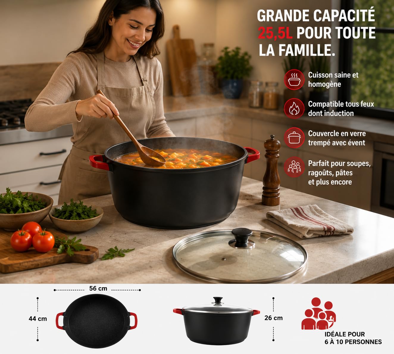 Royal Swiss Faitout 44 cm 25,5 L – Grande Cocotte Fonte d’Aluminium Antiadhésive, Couvercle Verre, Compatible Induction & Four, Cocotte XXXL pour Grandes Préparations, Fond Inox Intégral, Noir