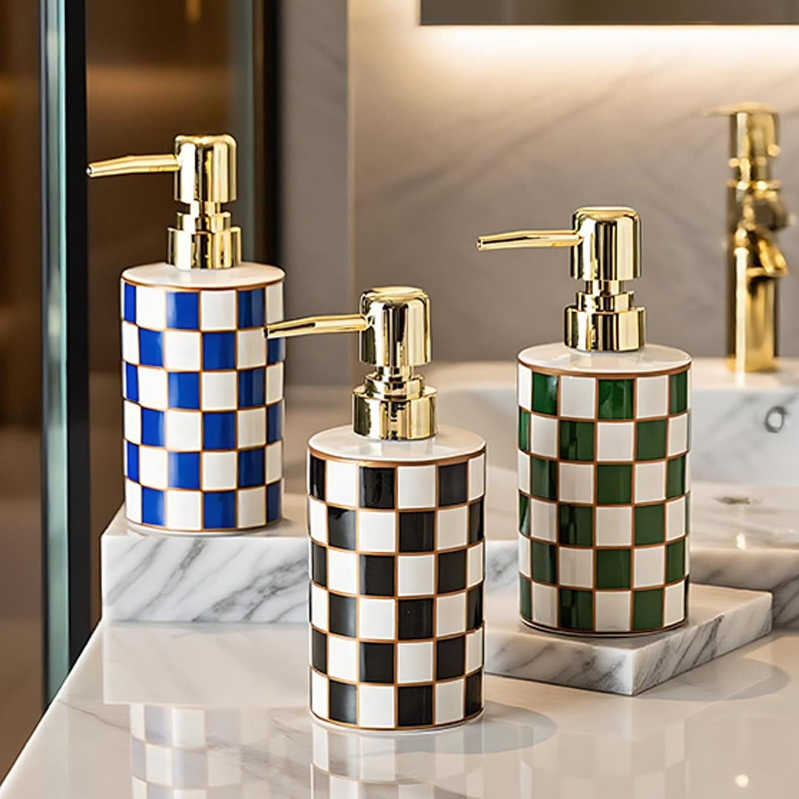 Dispenser da banco per detersivo per piatti Dispenser Di Sapone For Le Mani In Ceramica, Piatto A Scacchiera Retrò Accessori per il bagno(Green)