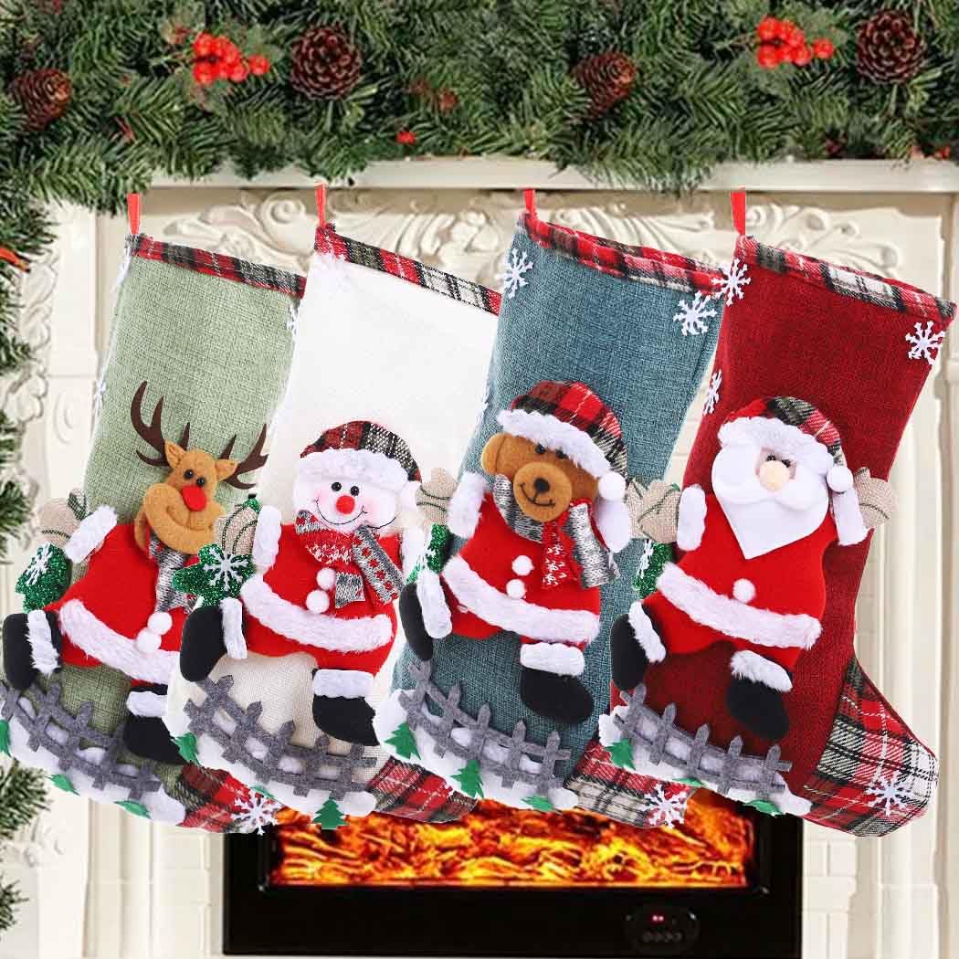 Woeoe 4 calze natalizie da 30 cm, Babbo Natale, pupazzo di neve, calze di iuta per vacanze e famiglia, per caminetto, decorazione per feste di Natale