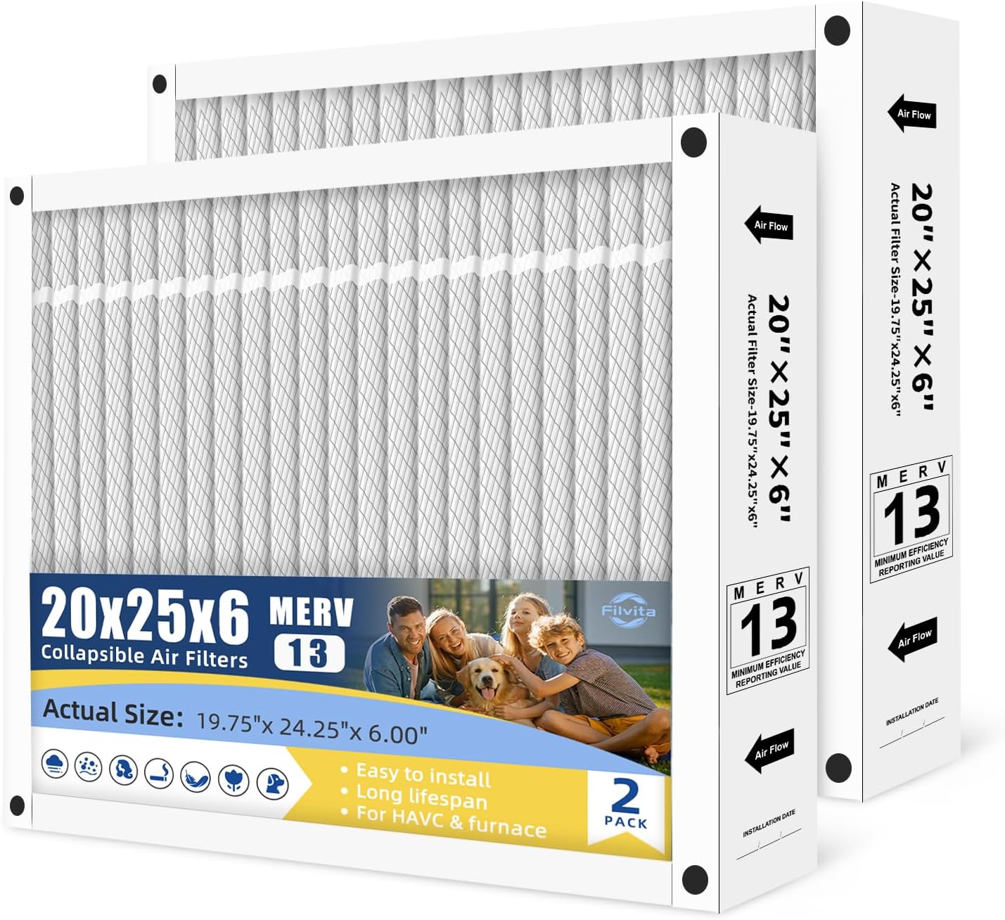 20x25x6 Furnace Filter MERV 13 Air Replacement Filter Compatible with AprilAire SpaceGard 201,2200,2250 HVAC AC Actual Size 19.75"x 24.25"x 6.00" Foldable Design (2-PACK)