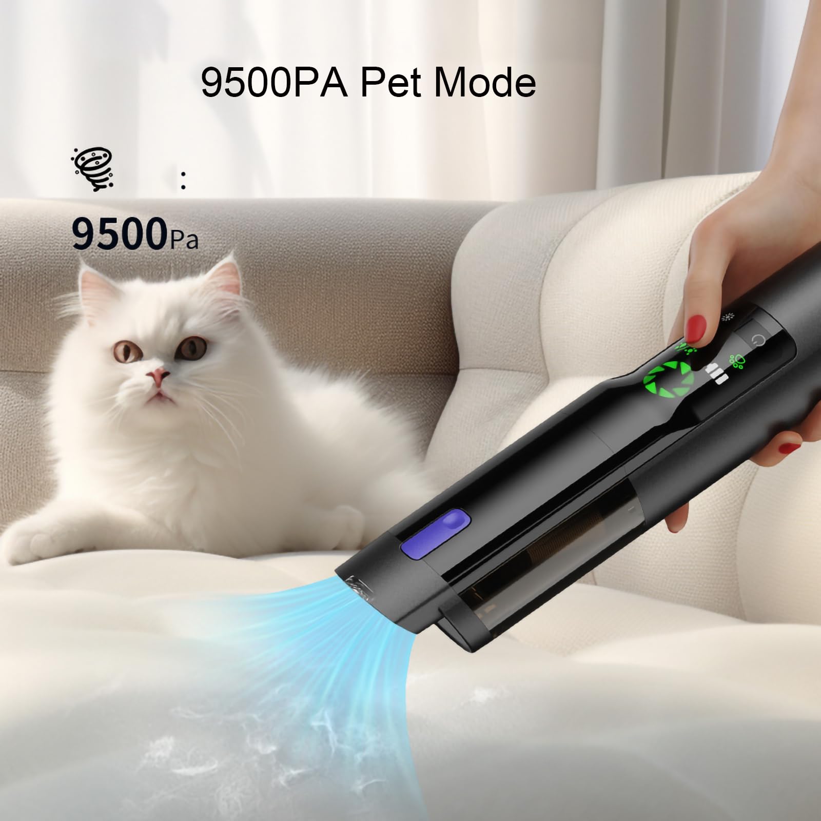 Aspiradora para Coche con Potente succión de 17000 Pa, Modo de luz Verde, 2500 mAh*3, 2 en 1 con boquillas de inflado, autonomía de 40 Minutos, para Coche y hogar,Black