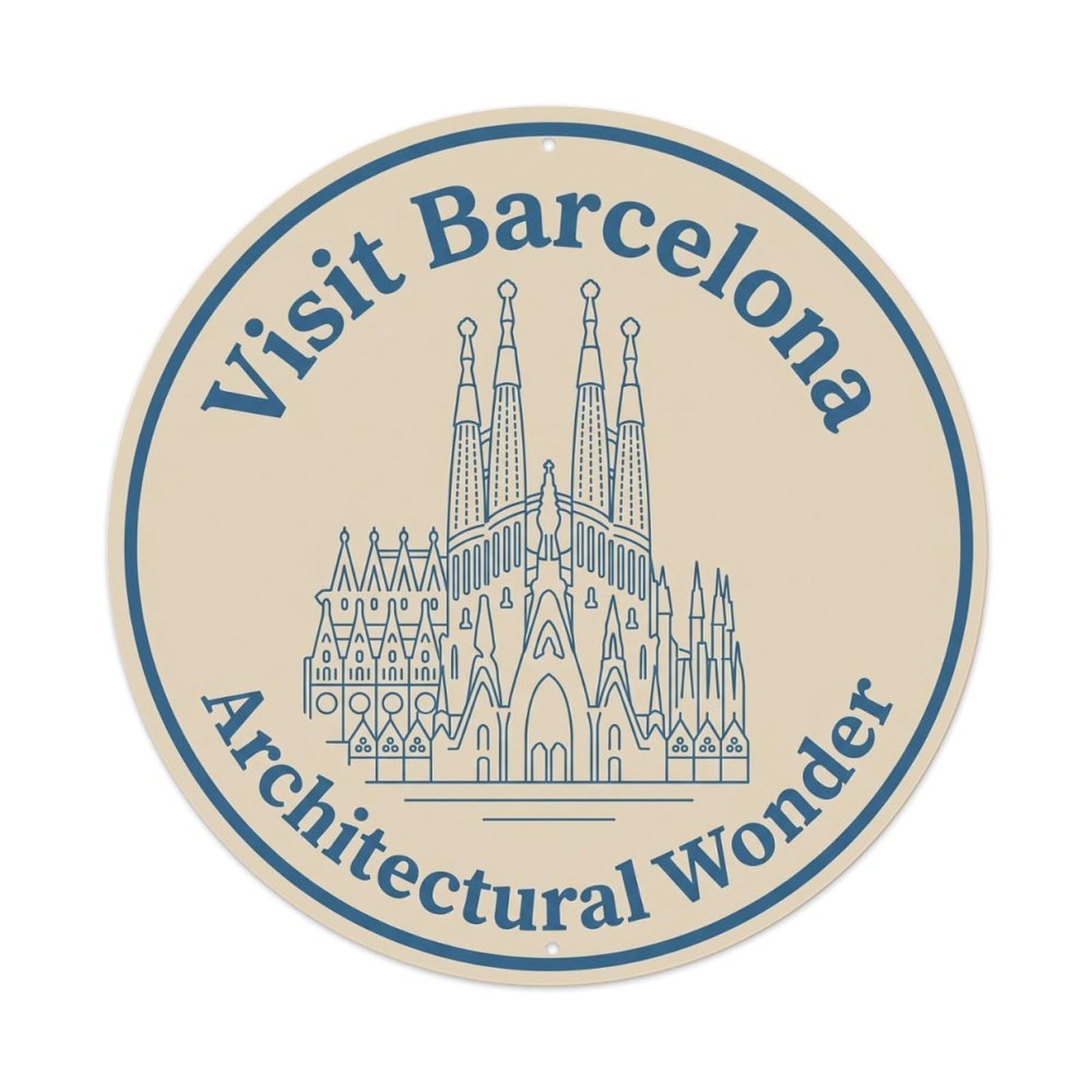 Vintage Travel Barcelona Line Drawing Catalan Landmark Metal Tin Sign Plaque Wall Decor for Cafe, Club, Garden Round Metal Poster 8x8Inch