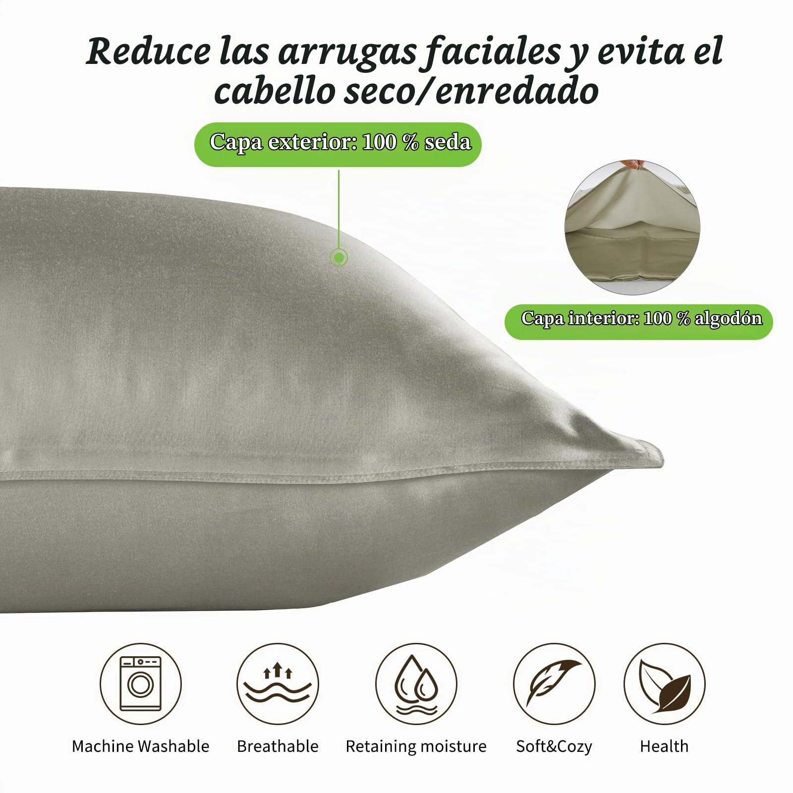 Fundas de Almohada de Seda 100% Morera Natural 20 Momme, Suaves y Cuidado de la Cabello Funda de Almohada de Seda 2 Piezas Verde pálido (50 * 75cm)