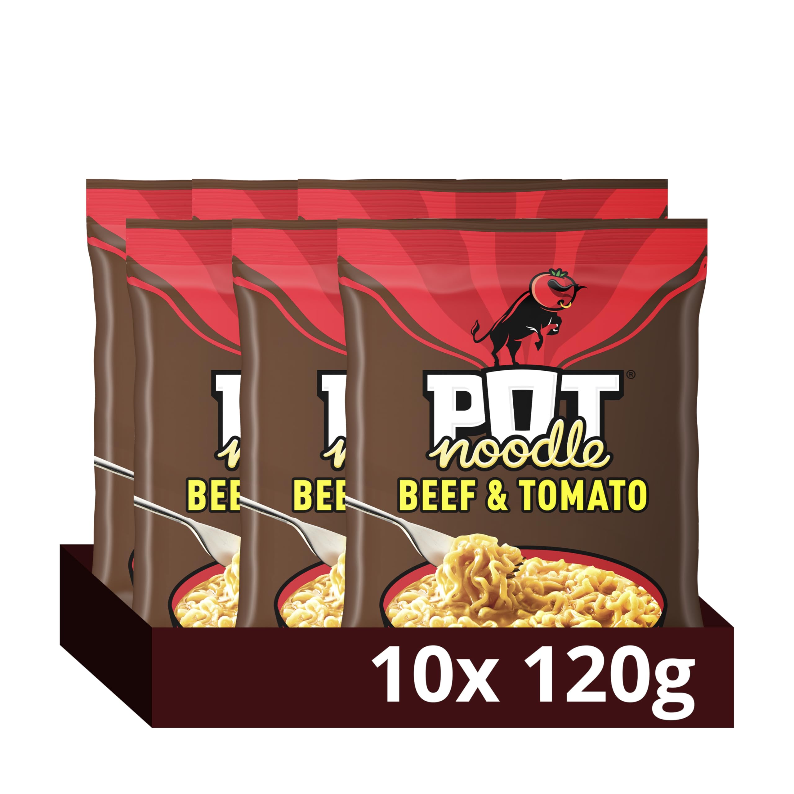 Pot Noodle Beef & Tomato Instant Noodles Block with sauce and seasoning sachets for quick, filling and delicious noodles 10x 114 g