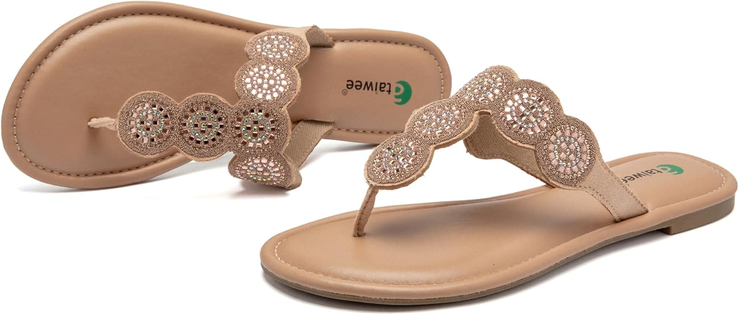 Ataiwee Women's Bohemian Bling Flat Slide Sandals - Casual Summer Thong Sandals with Rhinestone Decor, Rubber Sole, Lightweight & Comfortable for Casual Attire Strappy Sandals. - Image 4