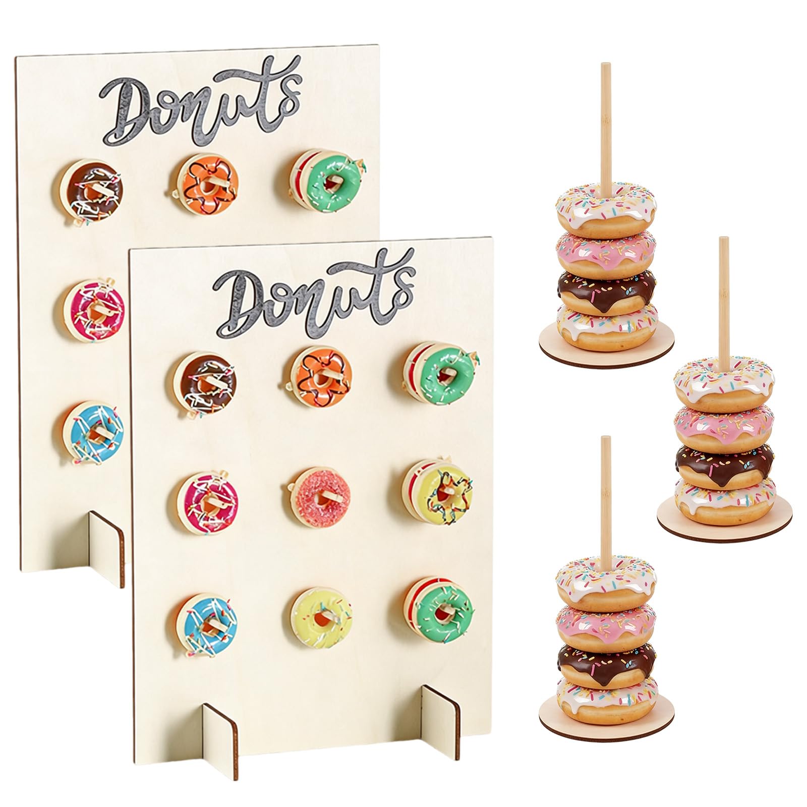 5 Pcs Wood Donut Stand Set, 35×26cm Donut Wall Display Stand, 3 pcs Donut Stands for Table, Reusable and holds multiple donuts for Wedding Birthday Parties Decorations Supplies