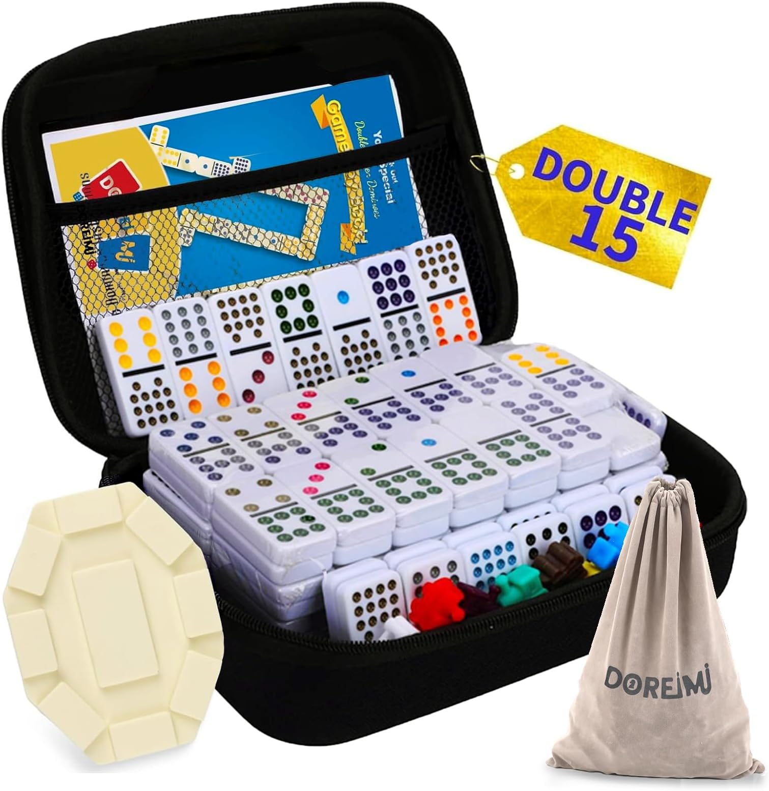 Mexican Train Dominoes Double 15 Set, 136 Colored Tiles with Lightweight EVA Case, Family and Adult Strategy Board Game for Travel