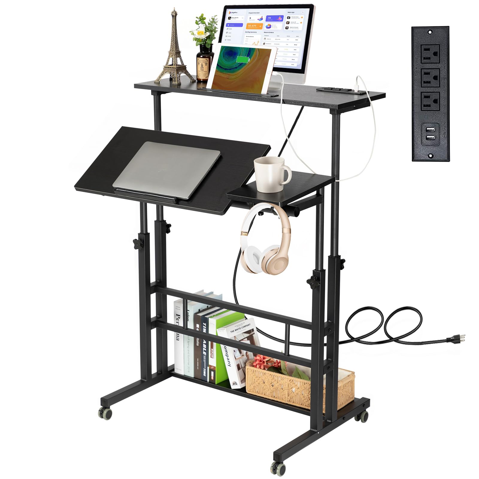 Hadulcet Stand Up Desk, Rolling Desk Adjustable Height, Mobile Standing Desk with Wheels & Charging Station, Portable Stand for Laptop, Rolling Computer Cart TV Tray, Small Standing Desk Drawing TableRecycled Claim Standard 100