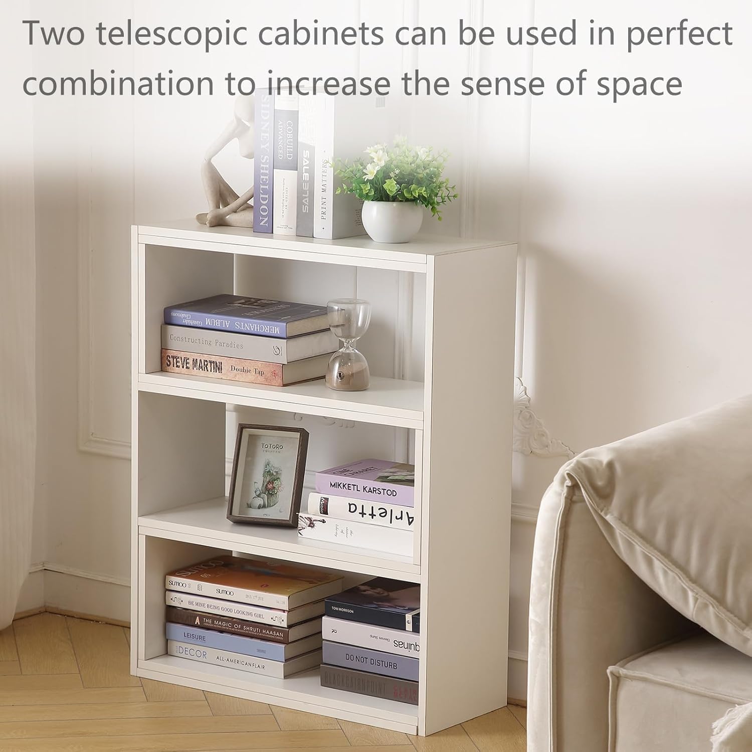 Book Shelf, 4 Tier Expandable Bookcase, Large Corner Bookshelves with 6 Storage Units, Can be Used in Small Spaces or Corners, Suitable for Home, School and Commercial use (White)