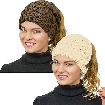 Rosoz Womens Ponytail Beanie Winter Beanie Hat Ponytail Hatfor Women Tail Stretch Cable Knit Cap Messy High Bun Hat