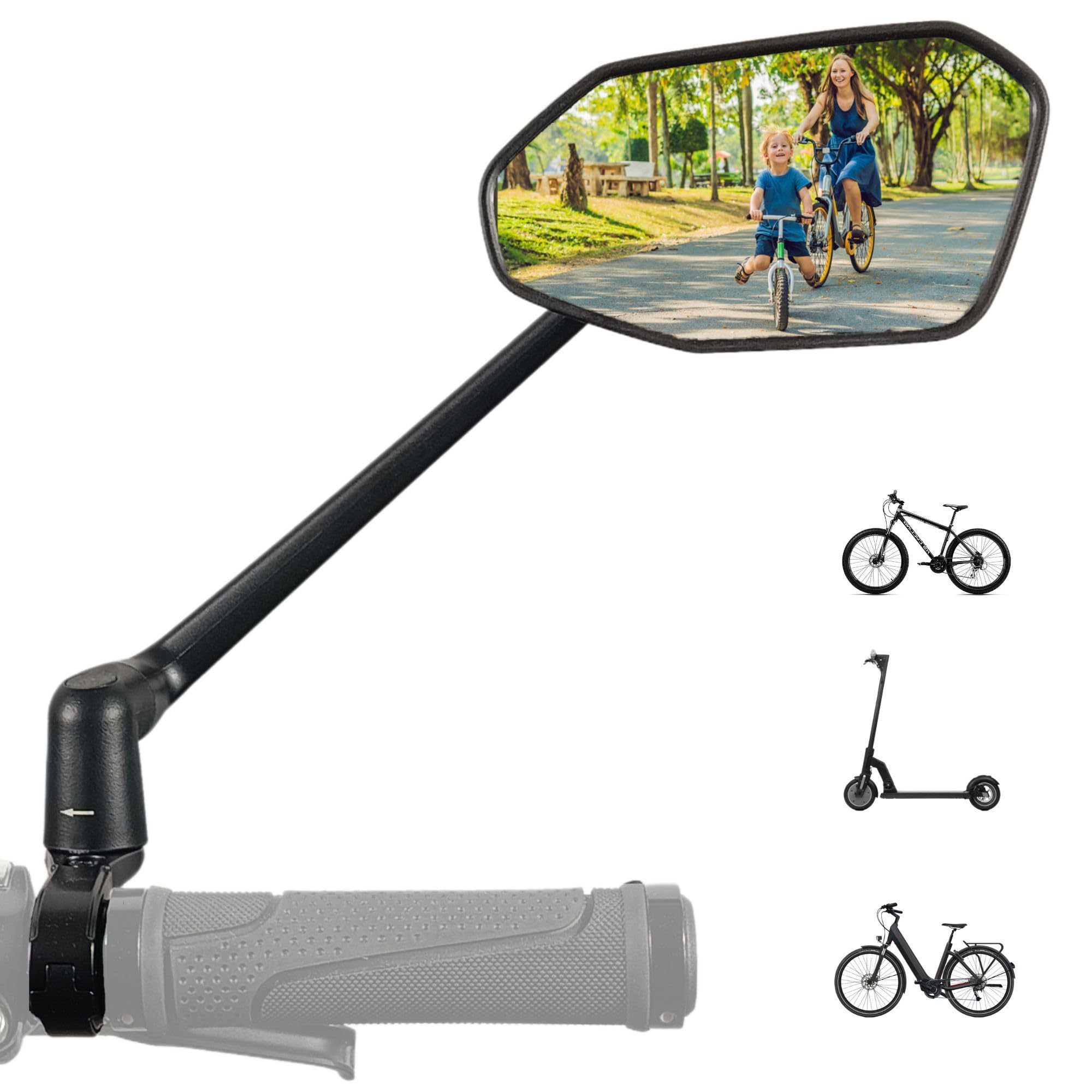 REEZER RS3 - Espejo retrovisor para bicicleta eléctrica - Espejo retrovisor para patinete eléctrico - De vidrio y plegable - Para manillar de 22 a 25,4 mm - Ajustable 360° DERECHO