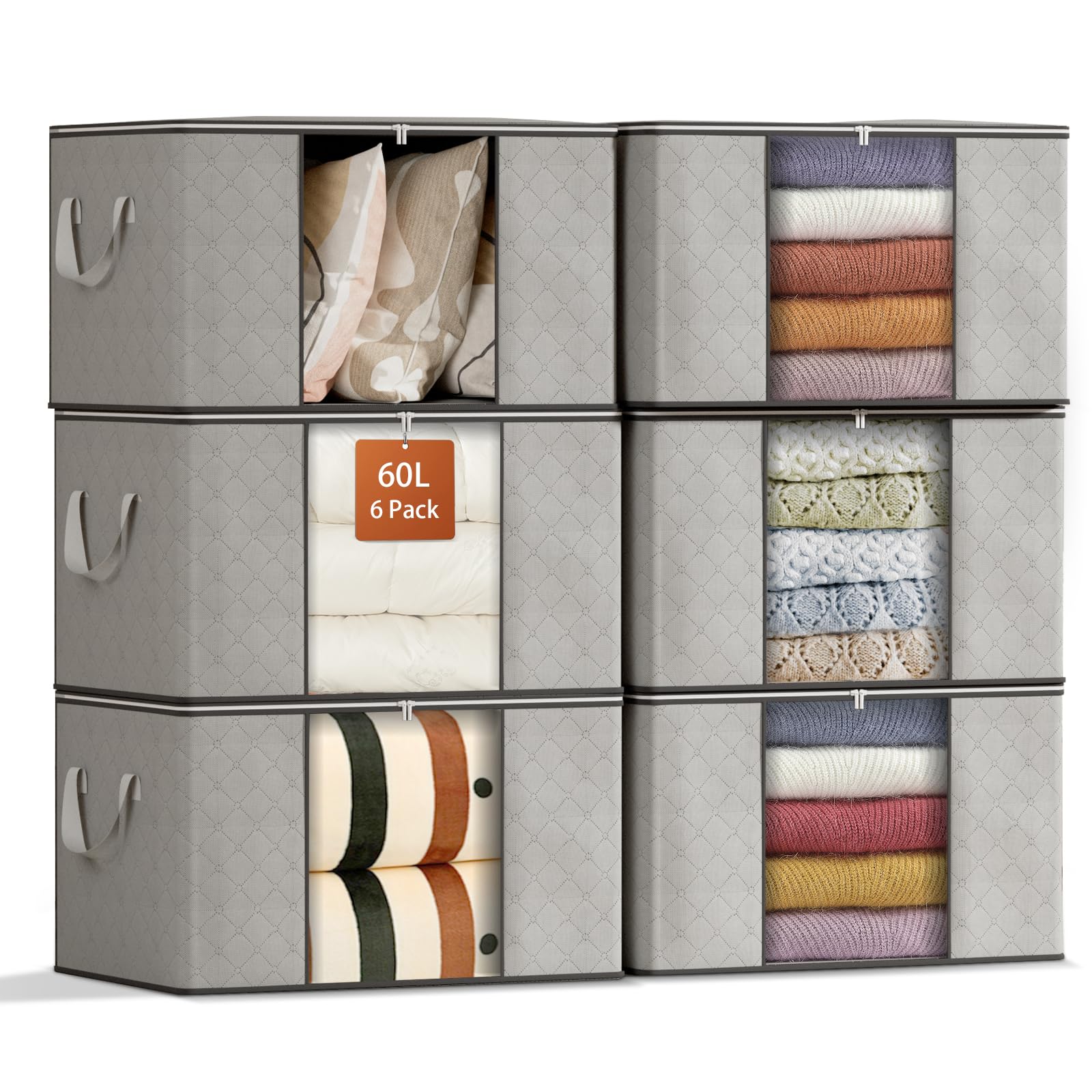 GoMaihe 6 Piezas 60L Cajas Almacenaje Ropa, Bolsa almacenamiento ropa, Organizador Armario Plegable, Cajas Mudanza, Bolsas con Asa Reforzada para Guardar Ropa, Mantas, Edredones, Gris