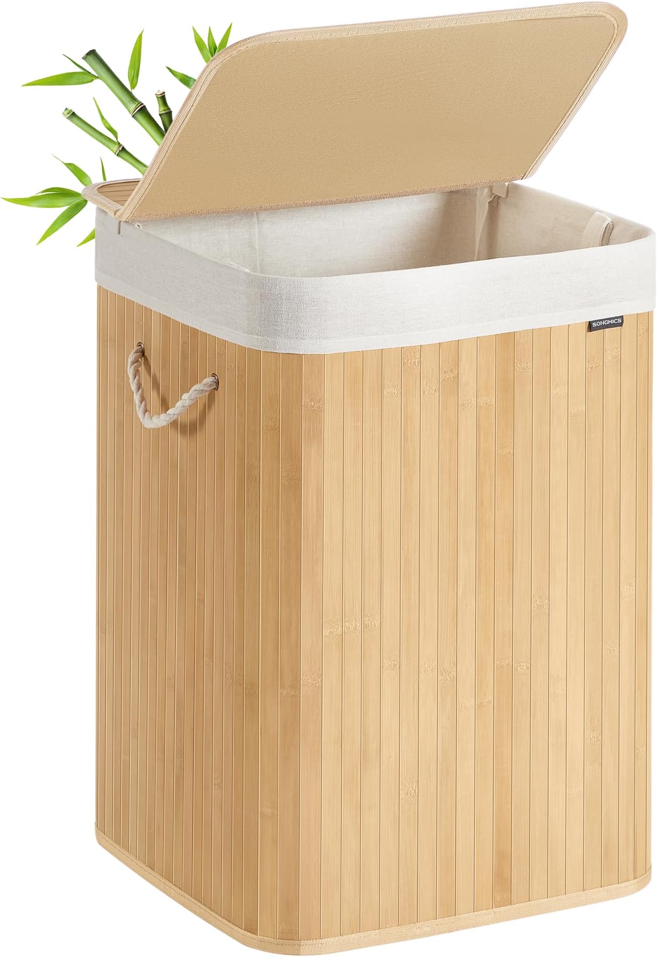 SONGMICS Laundry Basket, 95 L, Laundry Hamper, Laundry Bin with Lid, Bamboo, Foldable, Removable and Machine Washable Liner Bag, for Laundry Room, Bedroom, Natural LCB060Y01