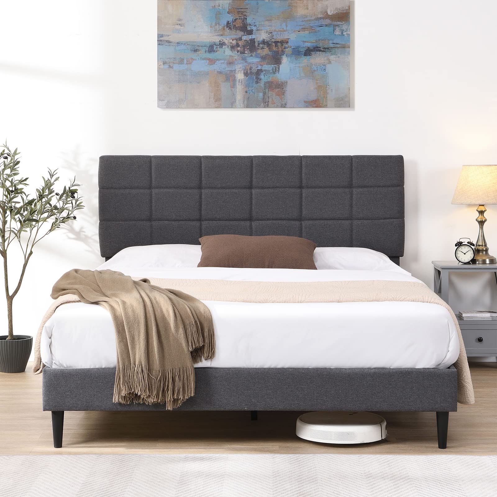 Tmosi Queen Size Upholstered Platform Bed Frame with Square Tufted Fabric Headboard, Wooden Slats Support/Mattress Foundation/No Box Spring Needed/Easy Assembly, Dark Grey