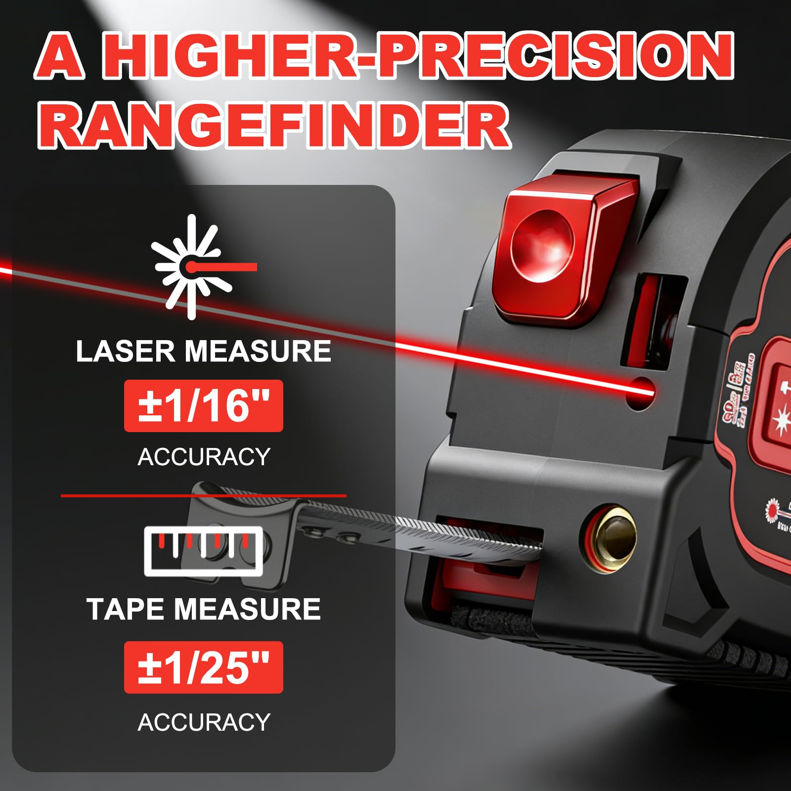 Mètre ruban laser 3 en 1 – Distance laser maximale de 69,7 m et ruban à mesurer autolock de 4,9 m, précision professionnelle ± 0,6 cm, rechargeable de type C, crochet magnétique, 6 modes pour la