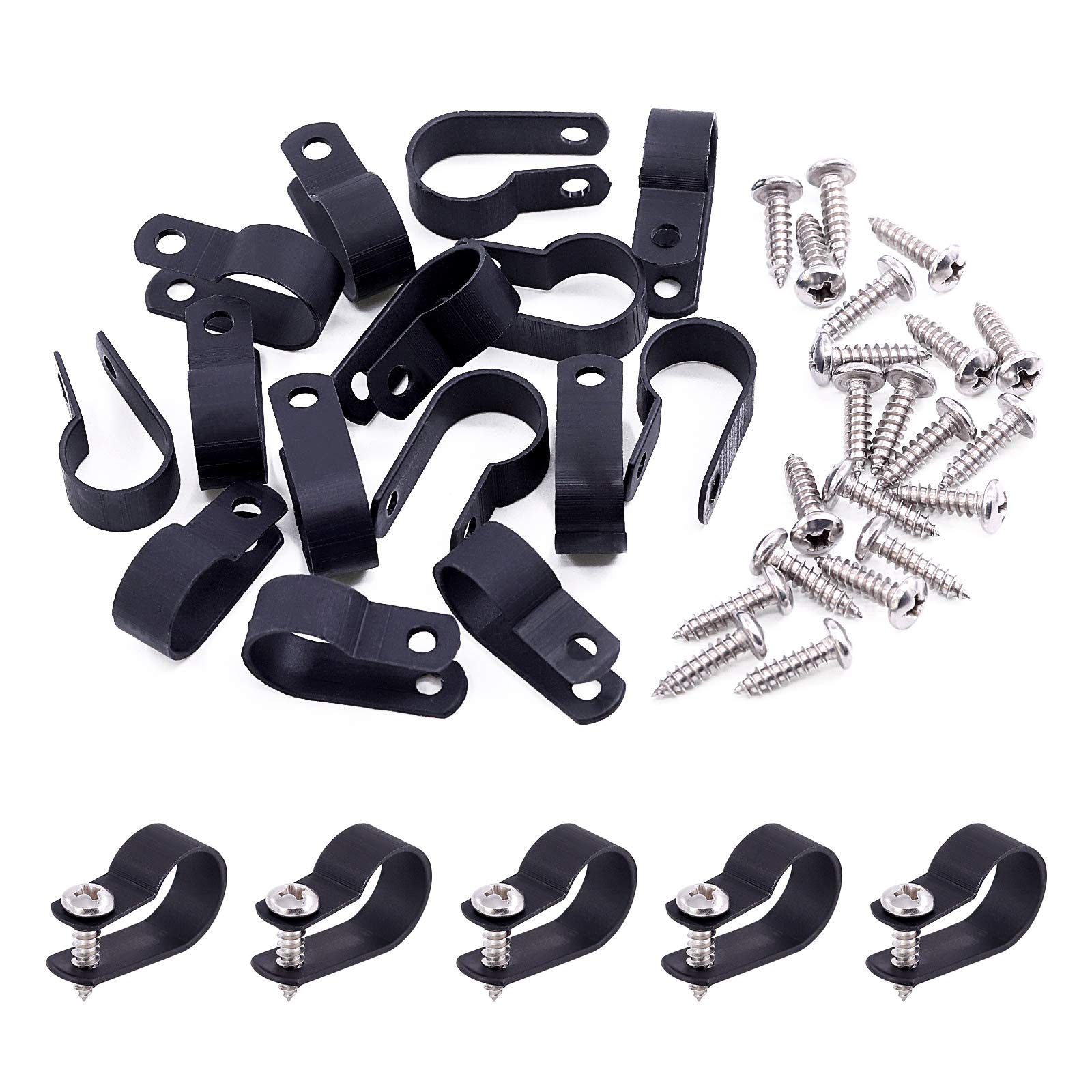 Swpeet 120 Pack Black 5/8 Inch Nylon Plastic R-Type Cable Clips Clamp Kit, Nylon Screw Mounting Cord Fastener Clips with 120 Pack Screws for Wire Management (5/8 Inch, Black)
