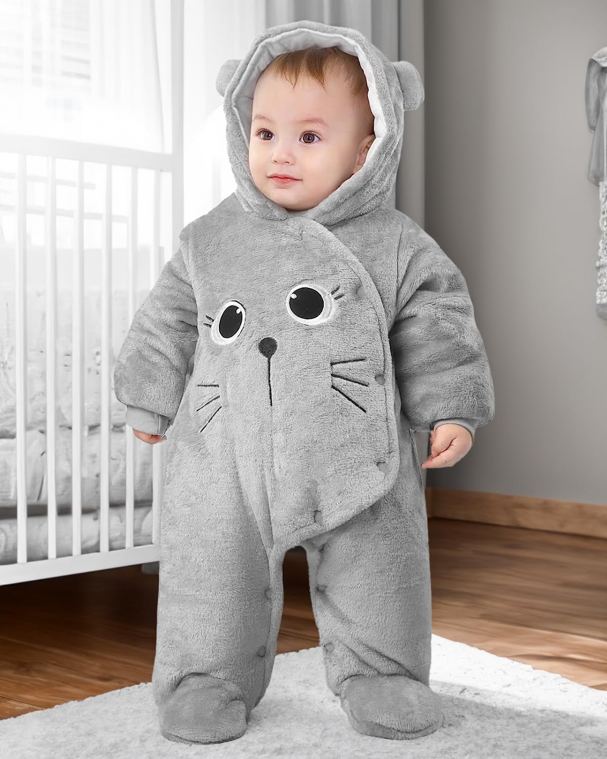 Salopette per Neonato Romper Invernale in Flanella Playsuit con Piedini Felpa con Cappuccio Cartoon,Grigio 0-3 Mesi