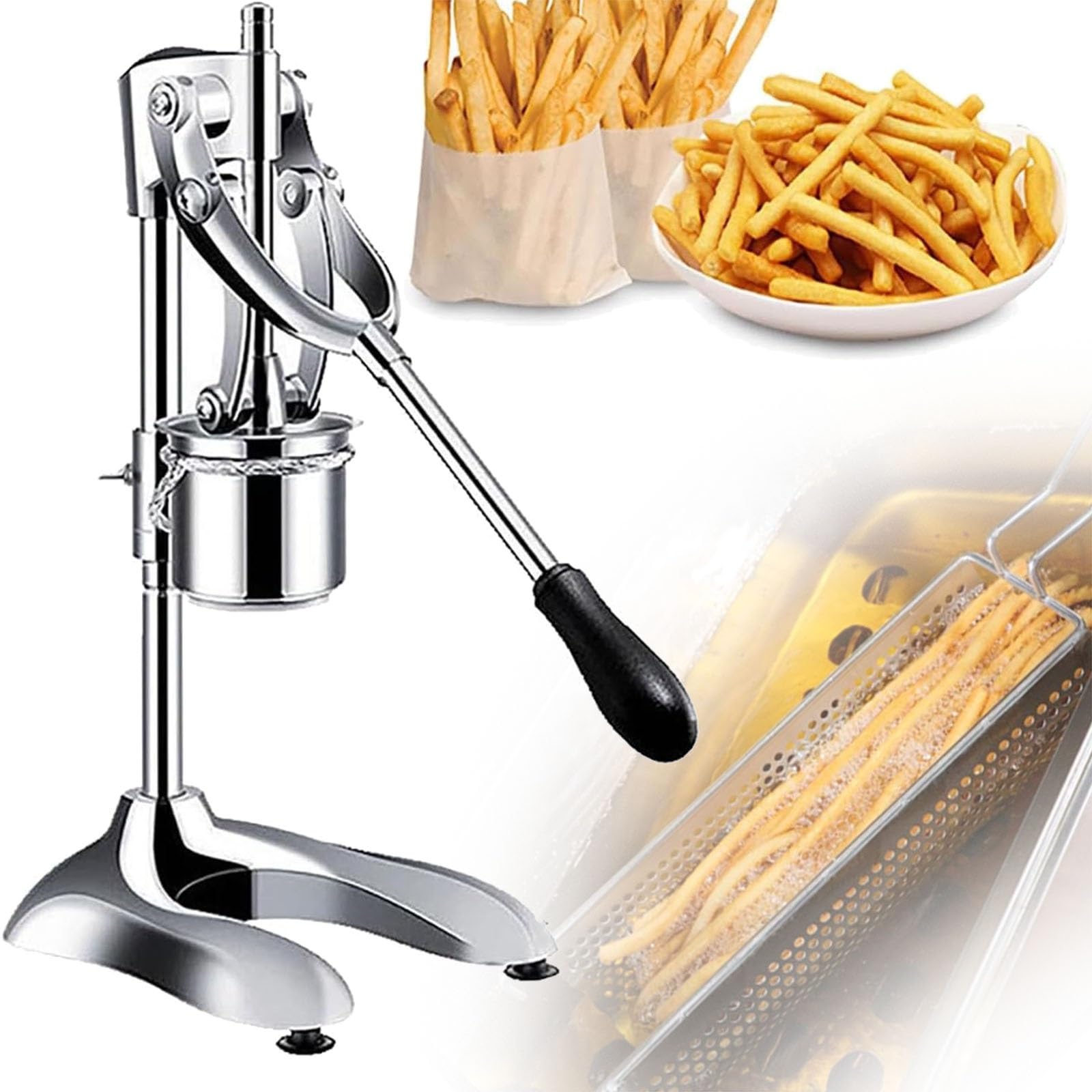 Exprimidor manual de patatas fritas con cesta para freír, extrusora de patatas de acero inoxidable para prensar uniformemente las papas fritas largas