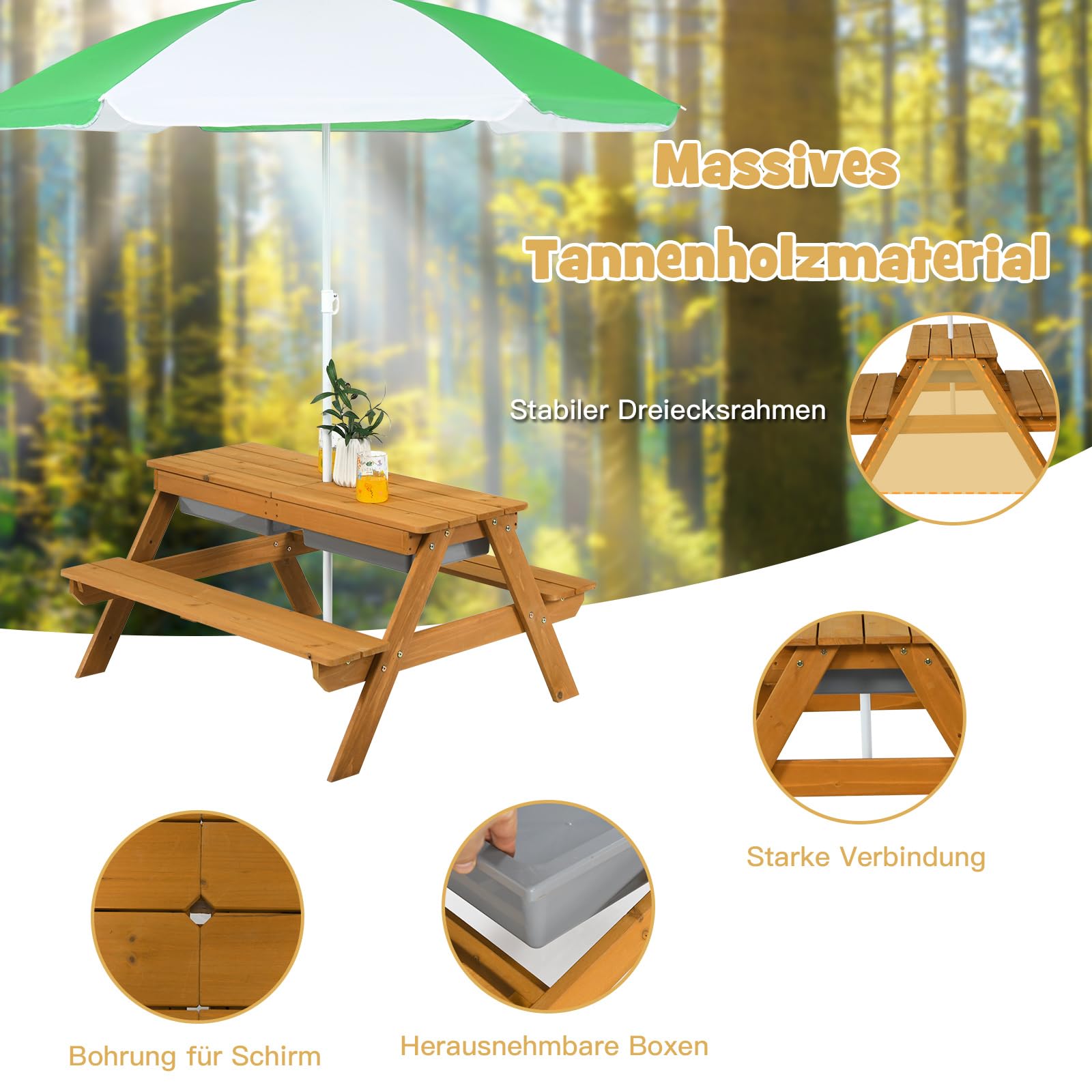 COSTWAY 3 in 1 Kinder Picknicktisch, Gartentisch mit Sonnenschirm & Bänke, Kindersitzgruppe Outdoor aus Holz mit Abnehmbarer Tischplatte & 2 Spielboxen für Garten, Hinterhof, Terrasse (Weiß+Grün)