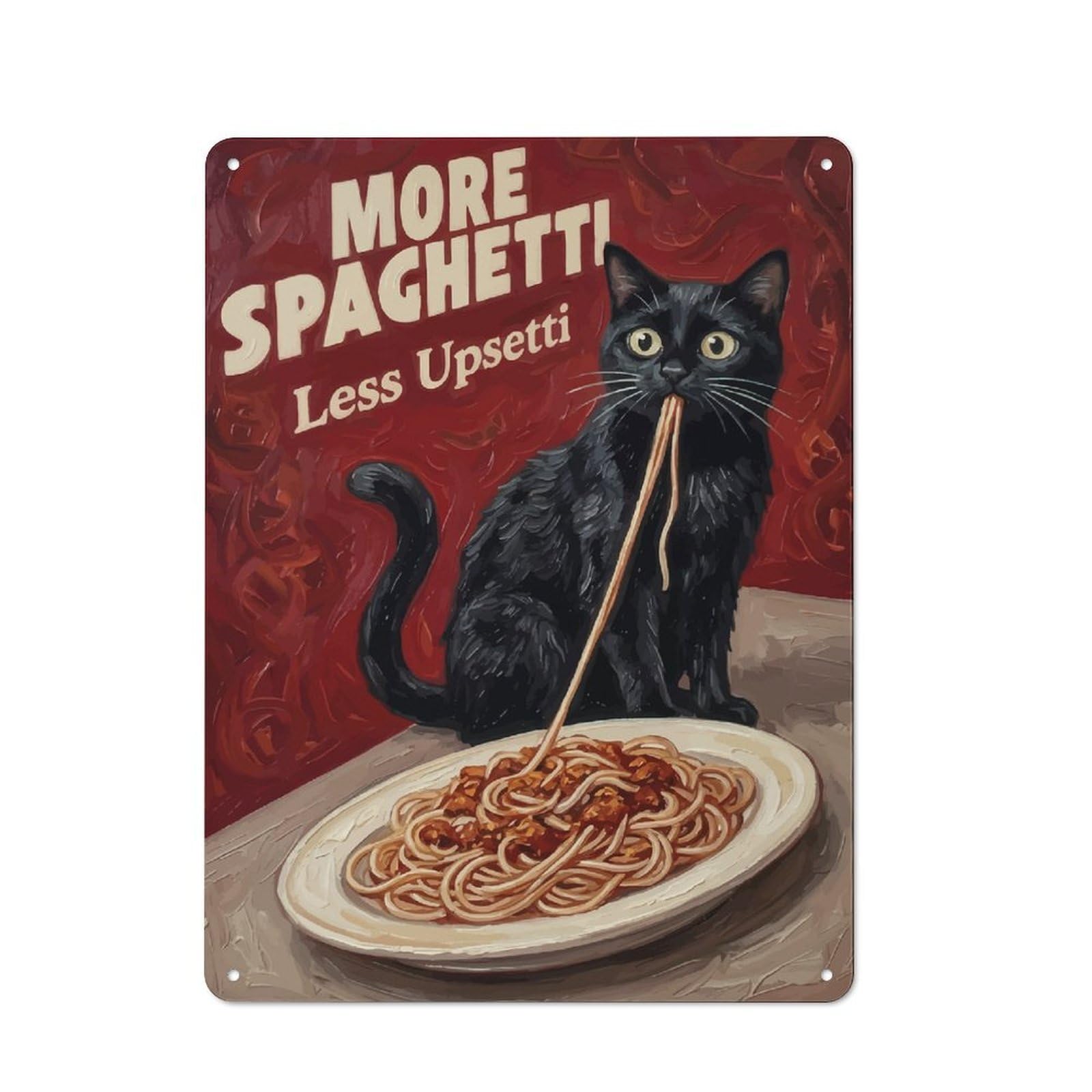 Junmoney Style-23 Rustic Metal Sign 40X30cm Featuring Black Cat Eating Spaghetti For Hallway Wall, A Decorative Gift For A Newly Furnished Hallway