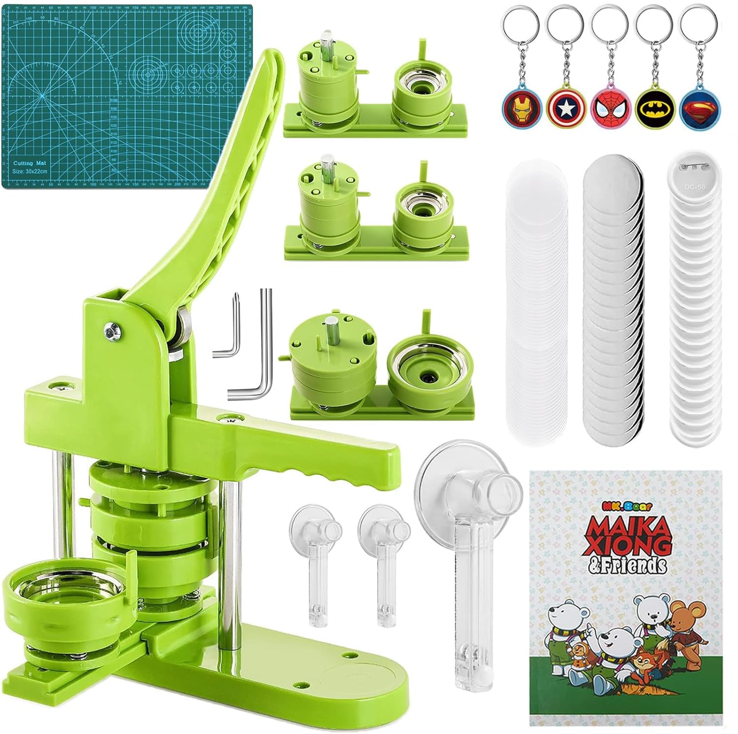 Button Maker Machine Multiple Sizes 1+1.25+2.25 inch, DIY Button Badge Maker Button Pin Press Machine with 300Pcs Button Maker Supplies & Cutter & Keychains & Magic Book for Kids