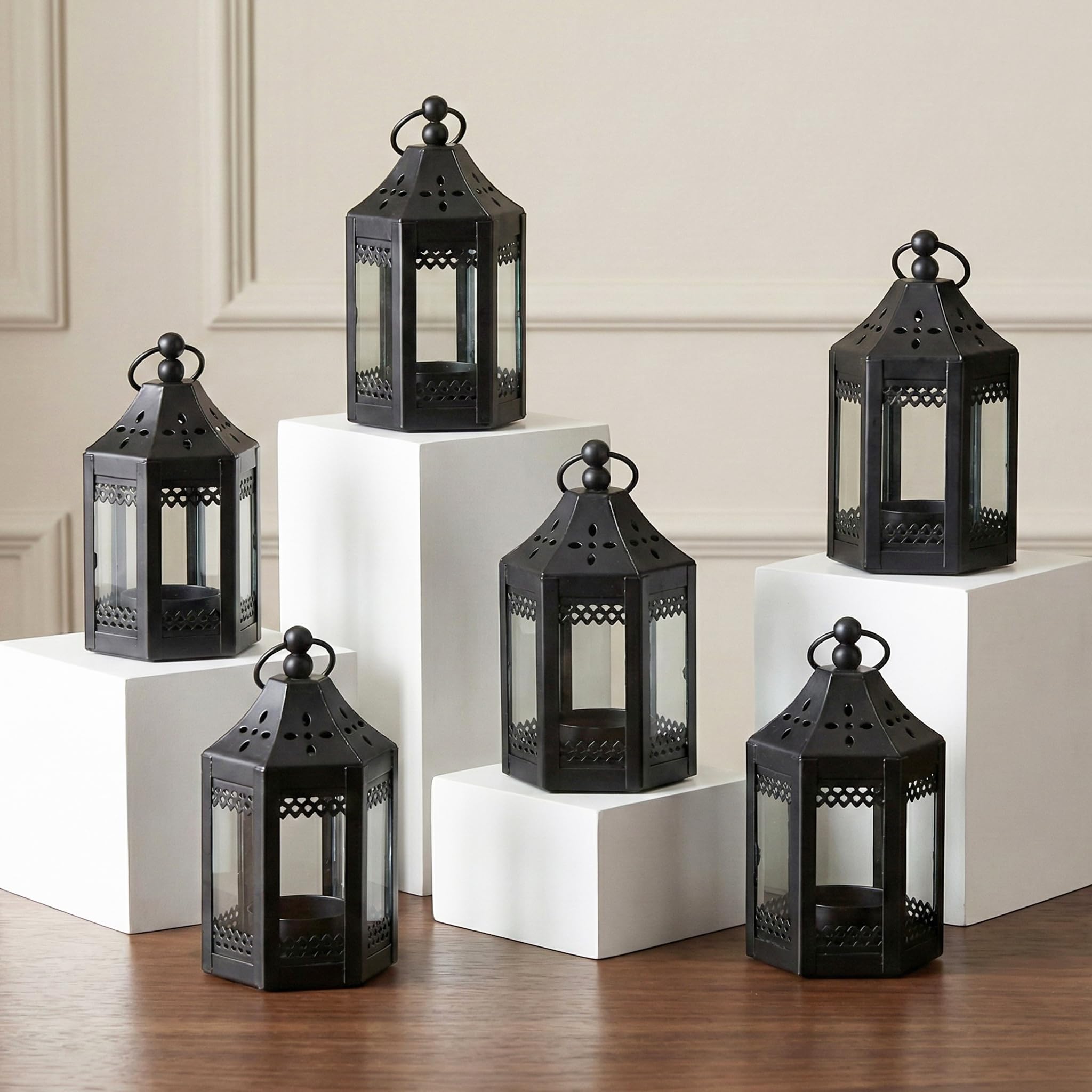 6pc Mini Small 4.5 Inch Metal Moroccan Lanterns Decorative Candle Tealight Holders for Centerpieces, Ramadan, Home Decor, Weddings, Black
