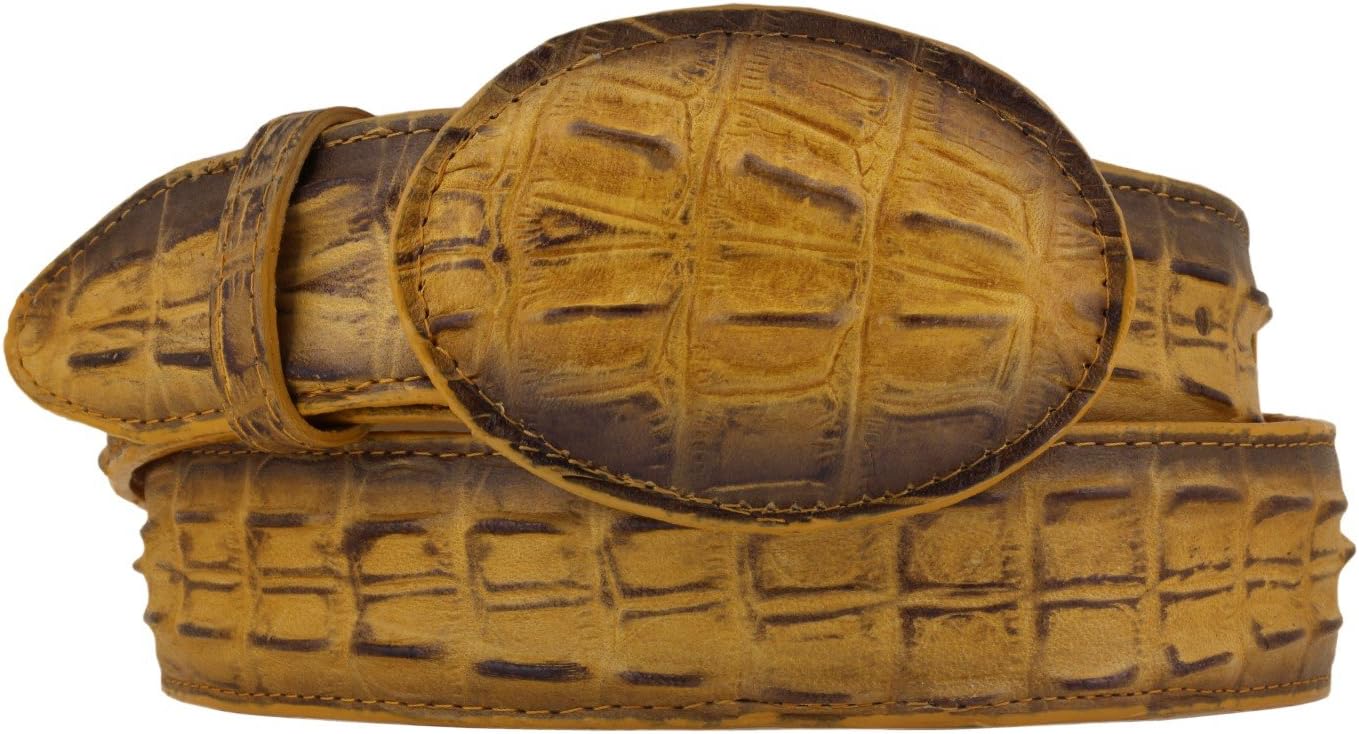 El Presidente Mens Rustic Buttercup Cowboy Belt Crocodile Tail Print Leather Belt Round Buckle