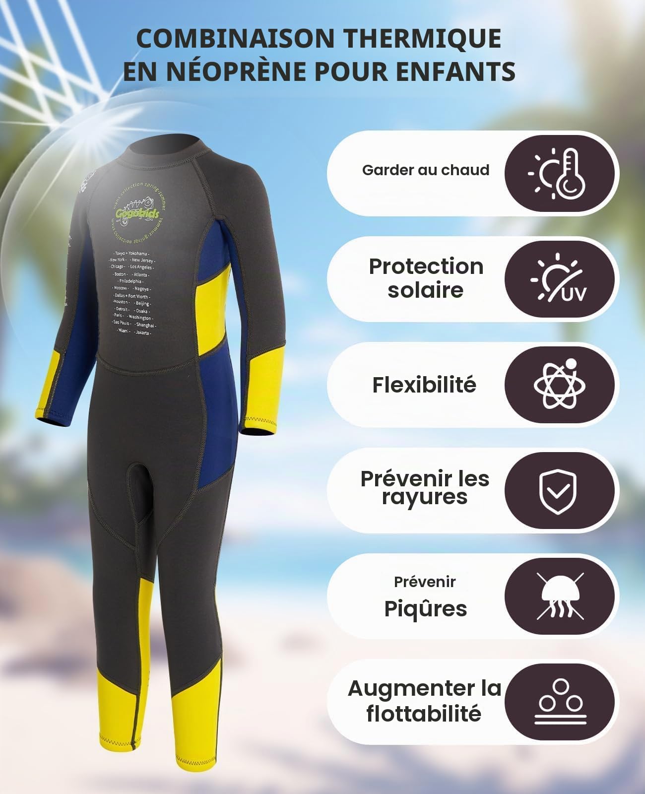 Gogokids Combinaisons Humides pour Enfants, Maillot De Bain Néoprène pour Garçon Une Pièce Thermique 2.5MM Combinaison De Plongée Protection Solaire UV 50+