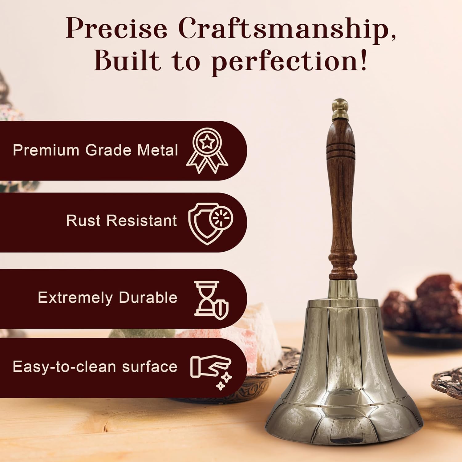 Large & Heavy Solid Brass Loud Hand Call Bell for Weddings, Christmas, School 11"(H) 5"(D) Polished Brass by THDC