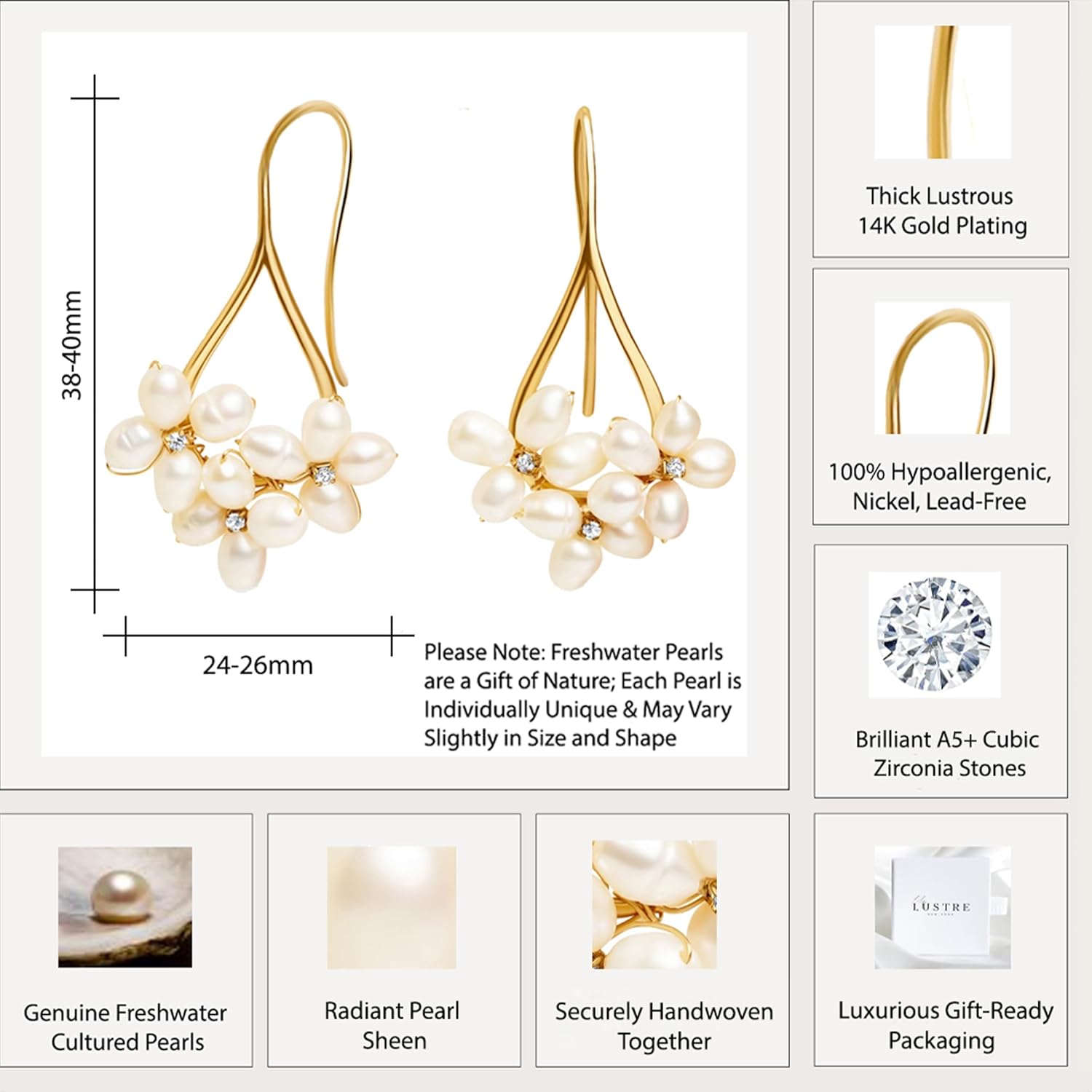 LILY LUSTRE Pearl Flower Earrings for Women - 14k Gold Plated Freshwater AAAA+ Cultured Pearl Drop Earrings with CZ Accent - Hypoallergenic Bridal & Everyday Jewelry - Luxury Birthday & Christmas Gift