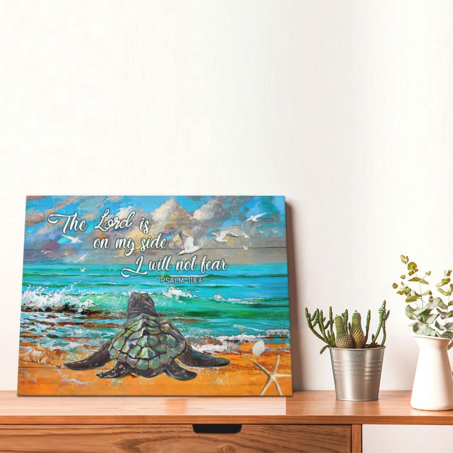 Sea Turtle Bathroom Wall Art Coastal Beach Blue Ocean Decor Canvas for Wall Colorful Turtle Pictures for Bedroom Living Room Office Framed Quotes The Lord Is on My Side I Will Not Fear 16"x12"