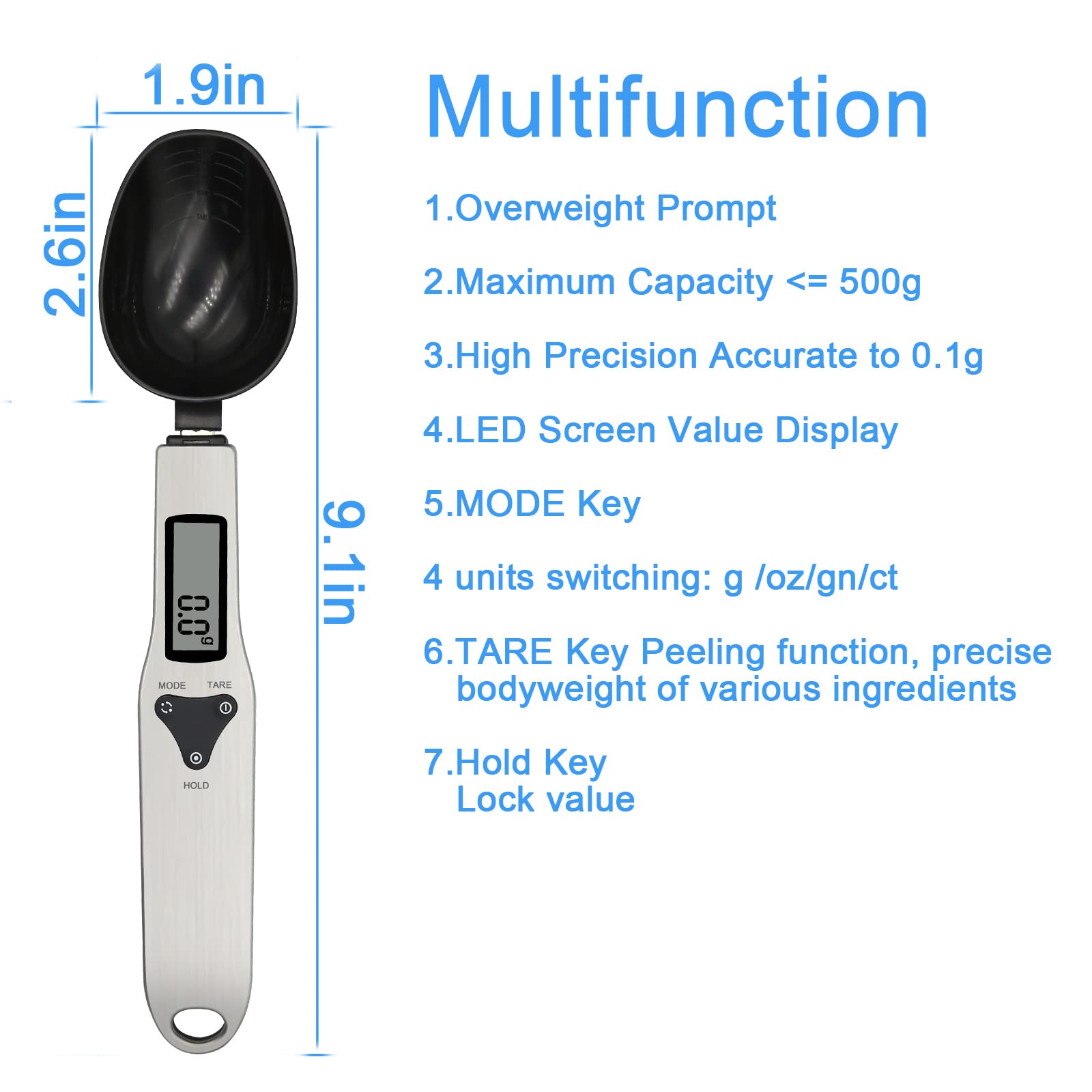 Cuchara medidora digital de cocina, báscula digital multifunción pequeña cuchara digital, peso de 0.00 oz a 17.64 oz, unidad de soporte g/oz/gn/ct (con 2 pilas AAA), pantalla LCD 7