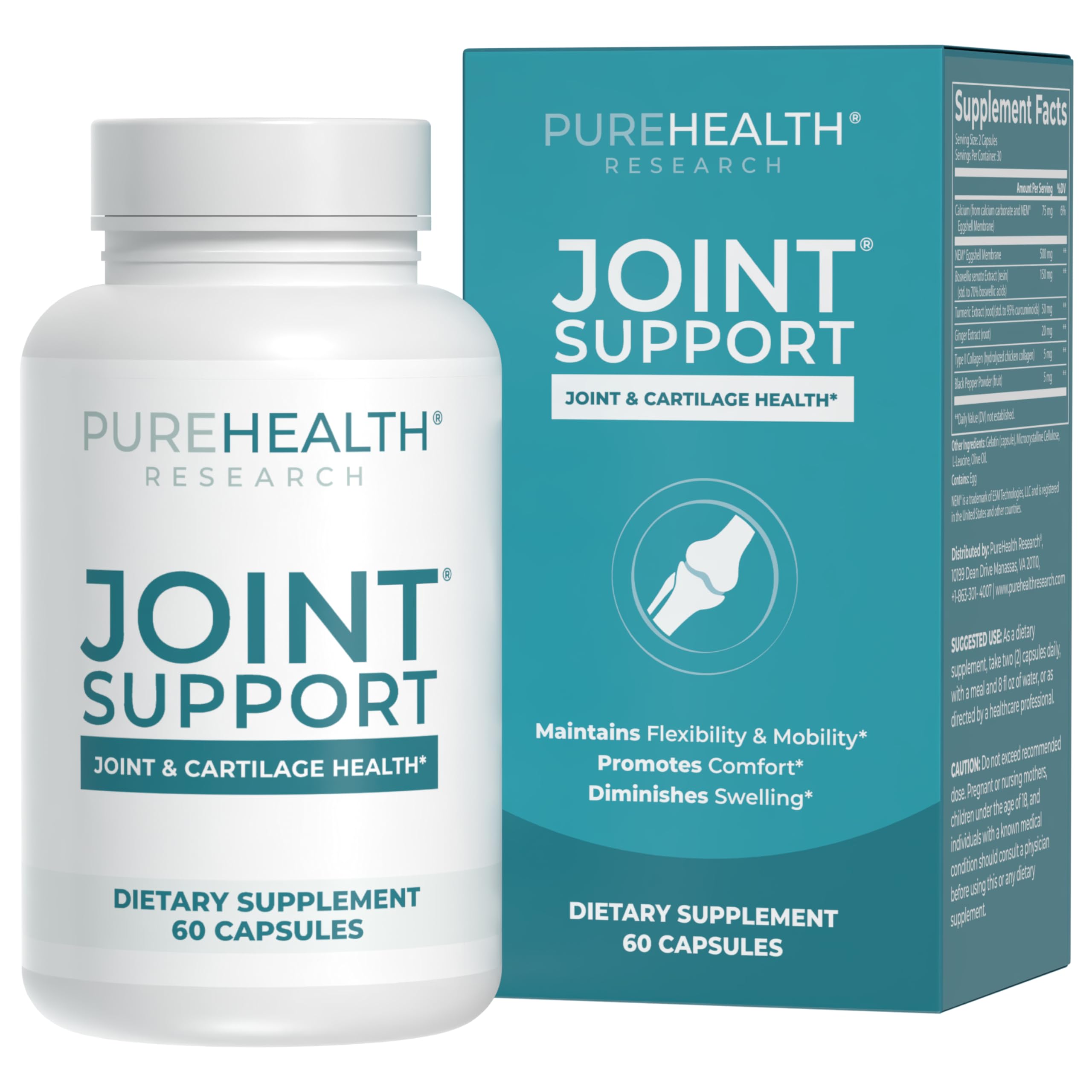 PUREHEALTH RESEARCH Joint Support NEM Eggshell Membrane with Boswellia Extract, Calcium & Turmeric, 60 Capsules