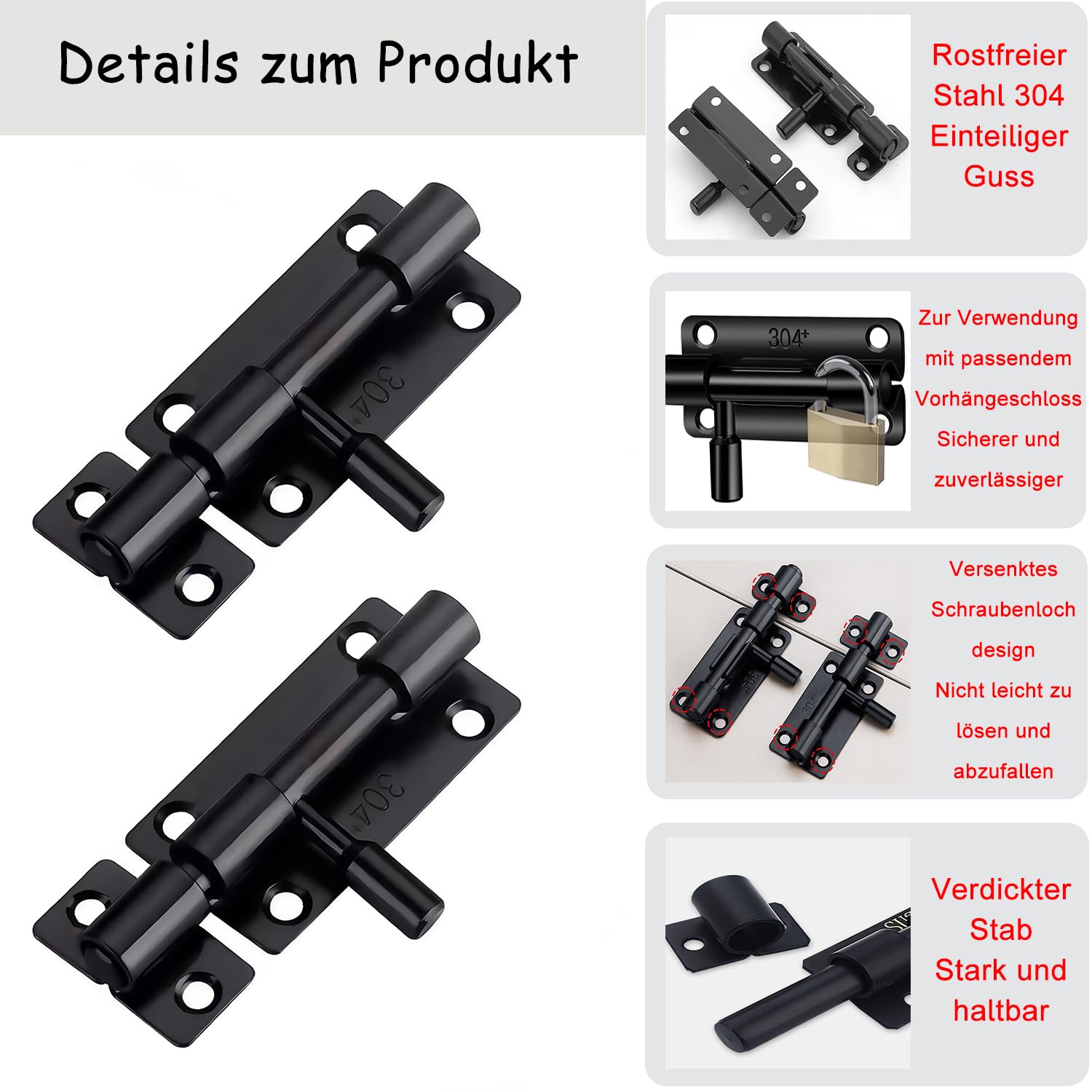 Pack of 2 Stainless Steel Door Bolt Made of 304 Steel, Black Security Bolt with Sliding Lock & Bolt Latch - Image 4