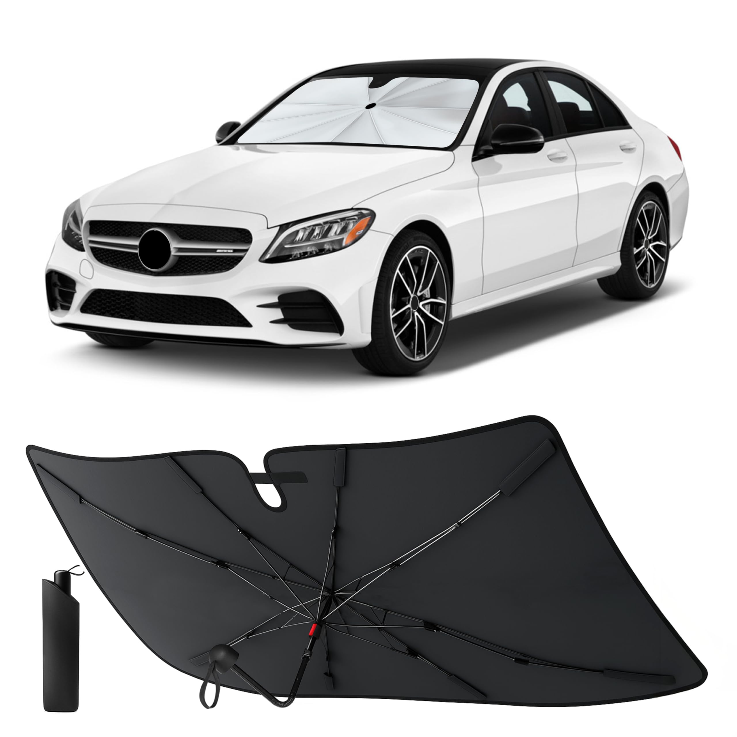 EcoNour Foldable Windshield Sun Shade &amp; Window Tint Fit for 2015-2019 2020 2021 Mercedes Benz C Class Sunshade, Front Car Window Shades Sun Visor, UV Protection, Heat Blocker, Car Accessories