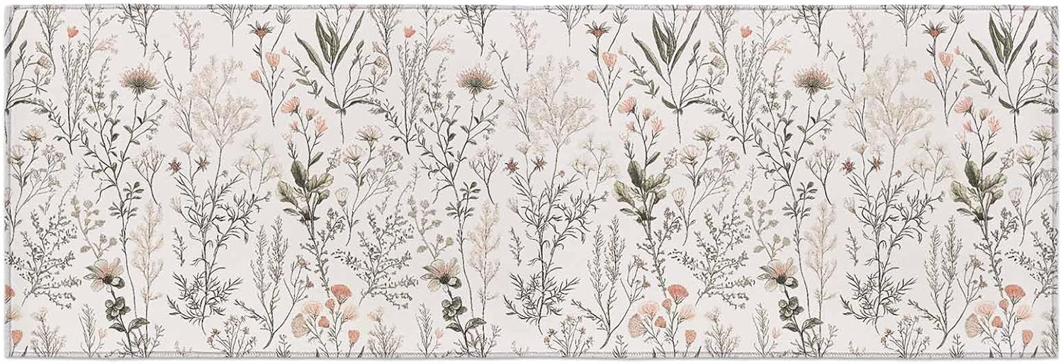 Teamery Kitchen Mats for Floor Spring Flower Leaves Botanical Washable Non Slip Kitchen Rugs 1PCS, Country Plant Seamless Absorbent Standing Mats for Sink Bathroom Office Living Room 23.6x70.9in
